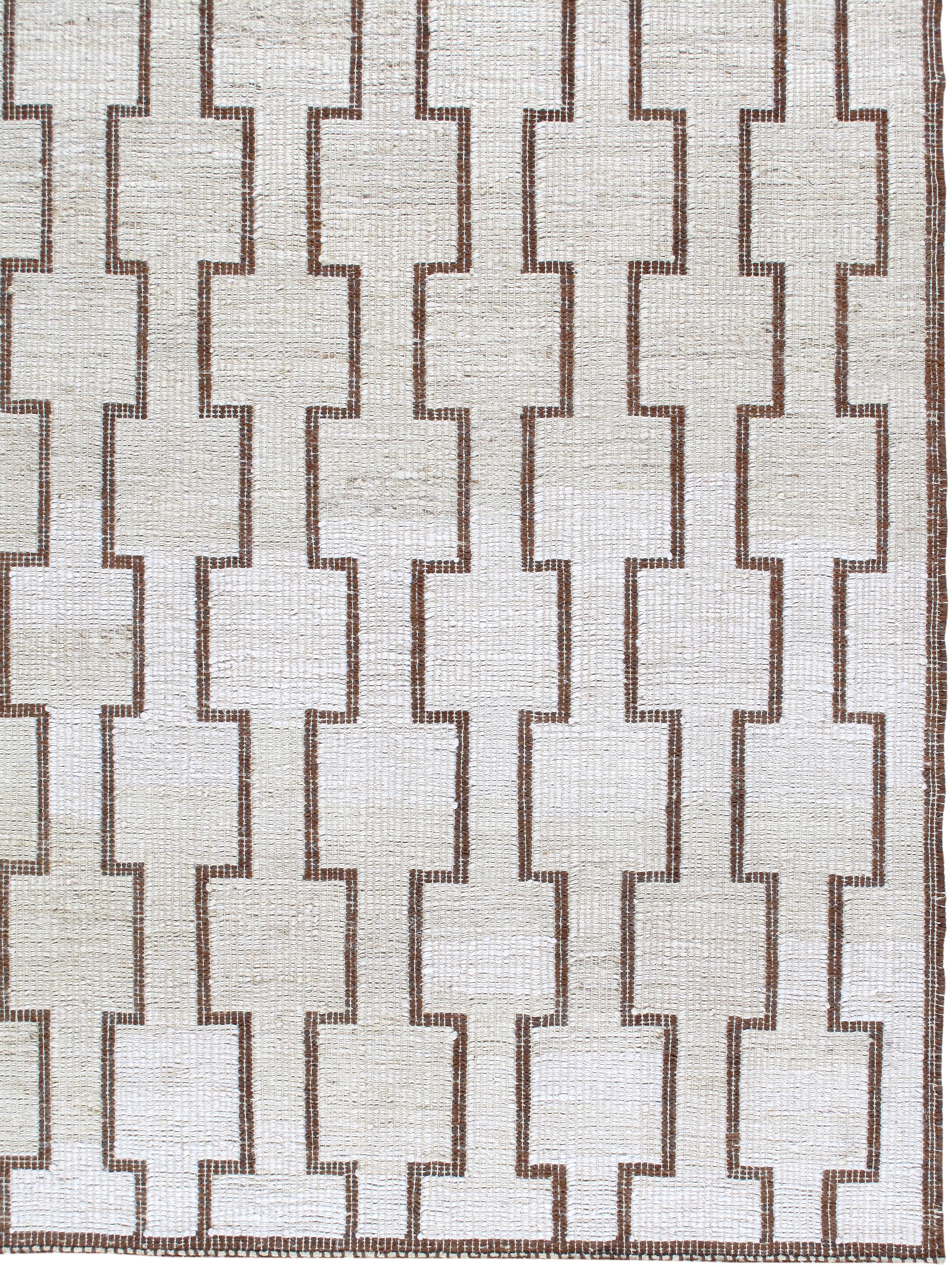 Modern Tribal Flatweave Rug with Linked Block Pattern in Ivory & Brown