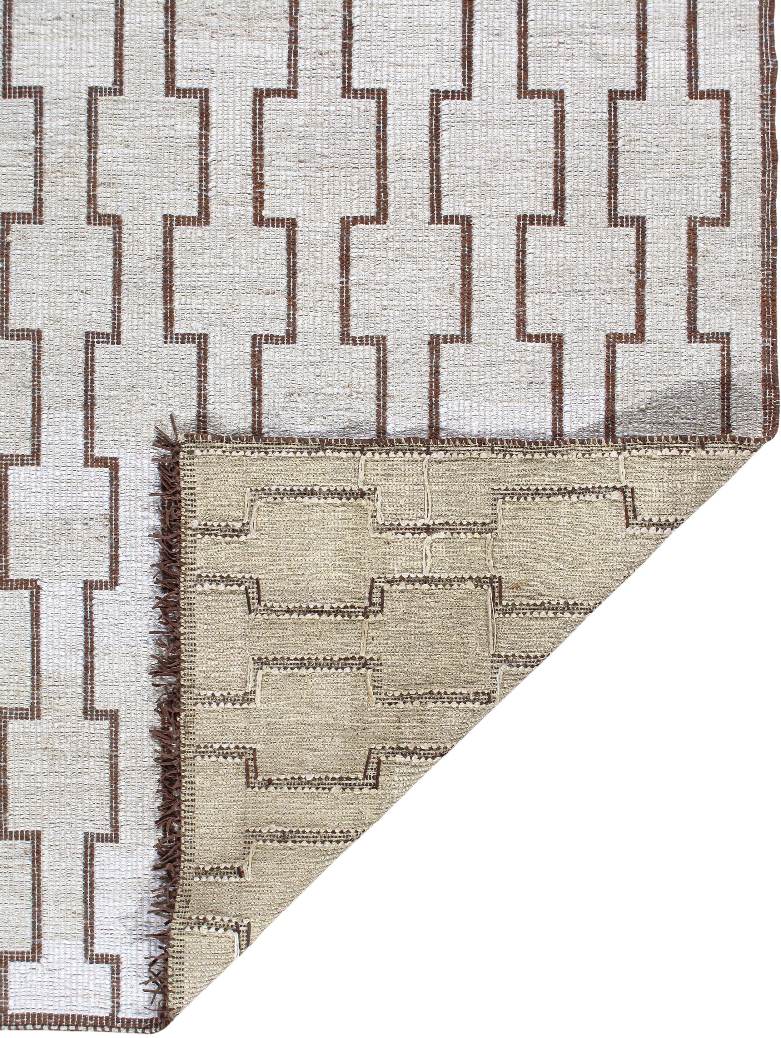 Modern Tribal Flatweave Rug with Linked Block Pattern in Ivory & Brown