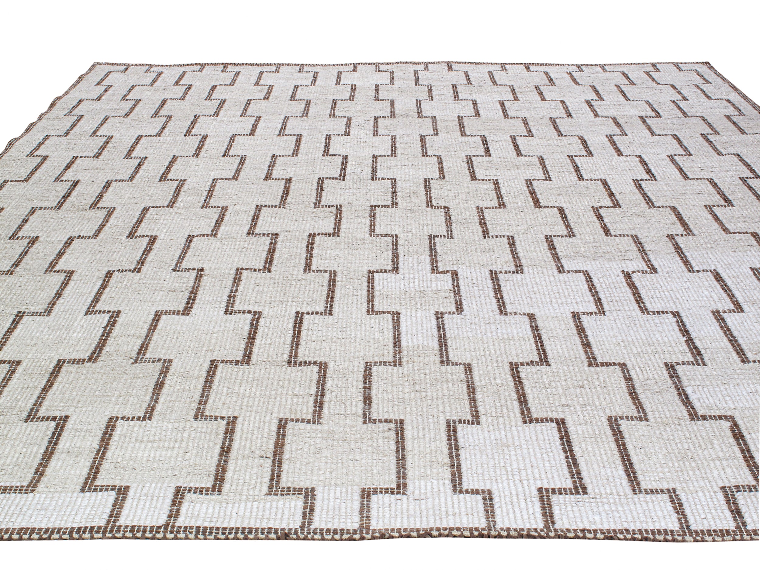 Modern Tribal Flatweave Rug with Linked Block Pattern in Ivory & Brown