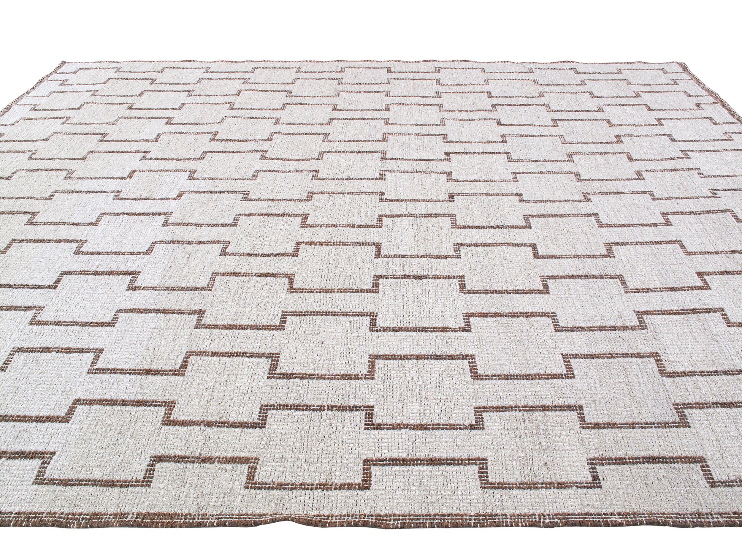 Modern Tribal Flatweave Rug with Linked Block Pattern in Ivory & Brown