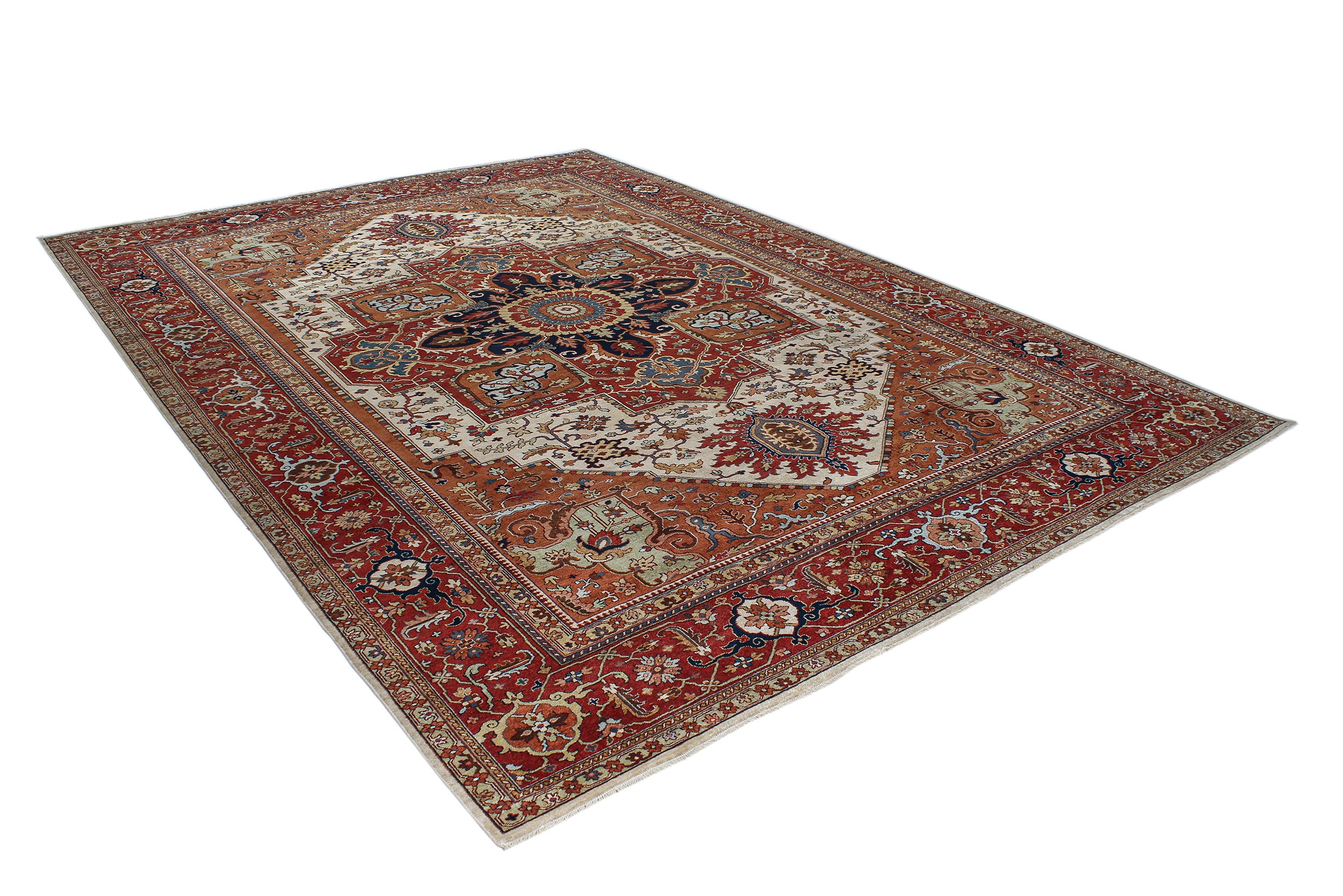 Vintage Persian Heriz Rug with Central Medallion in Rich Red, Ivory, and Indigo