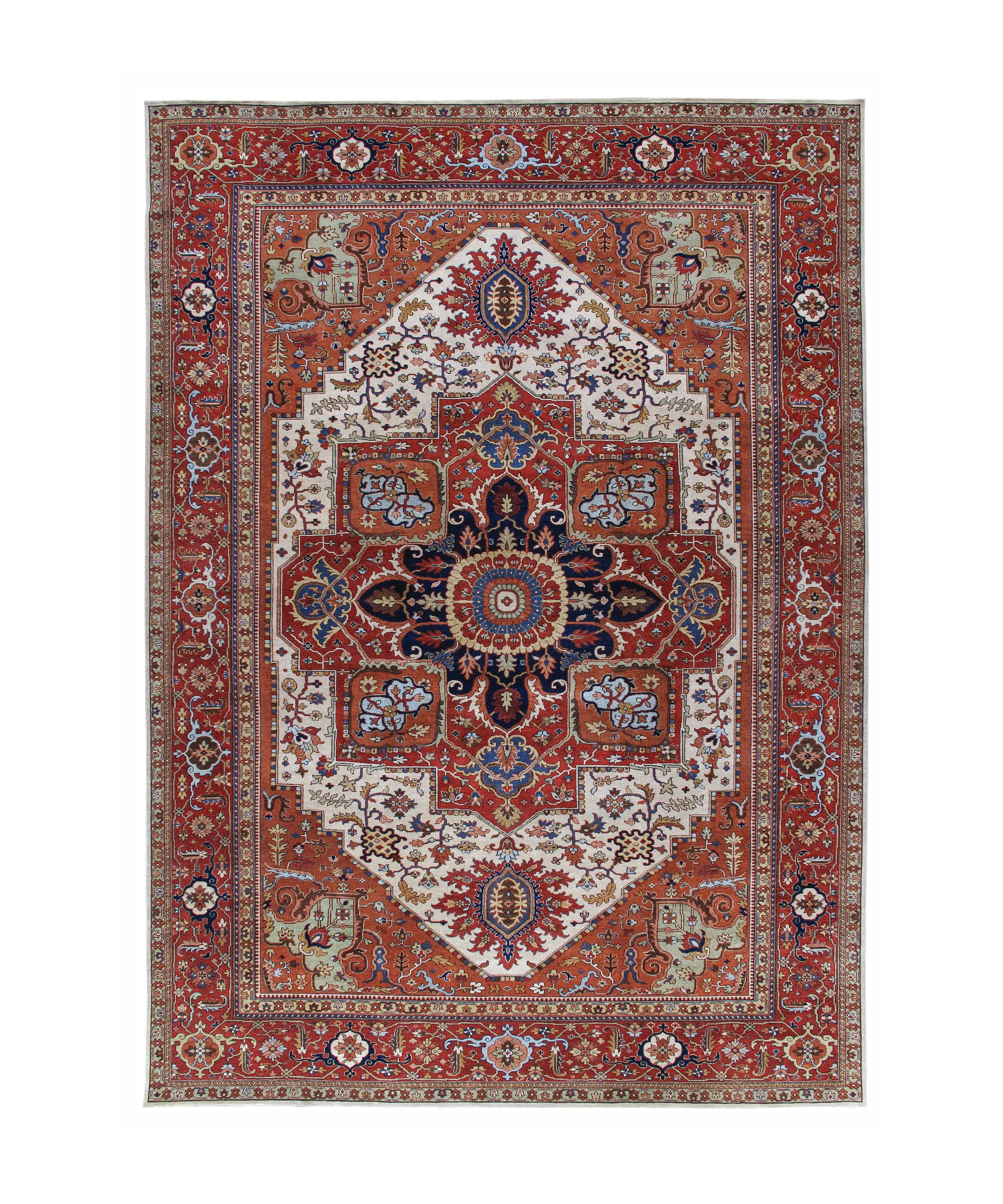 Persian-Style Wool Rug with Central Medallion in Crimson, Ivory, and Navy
