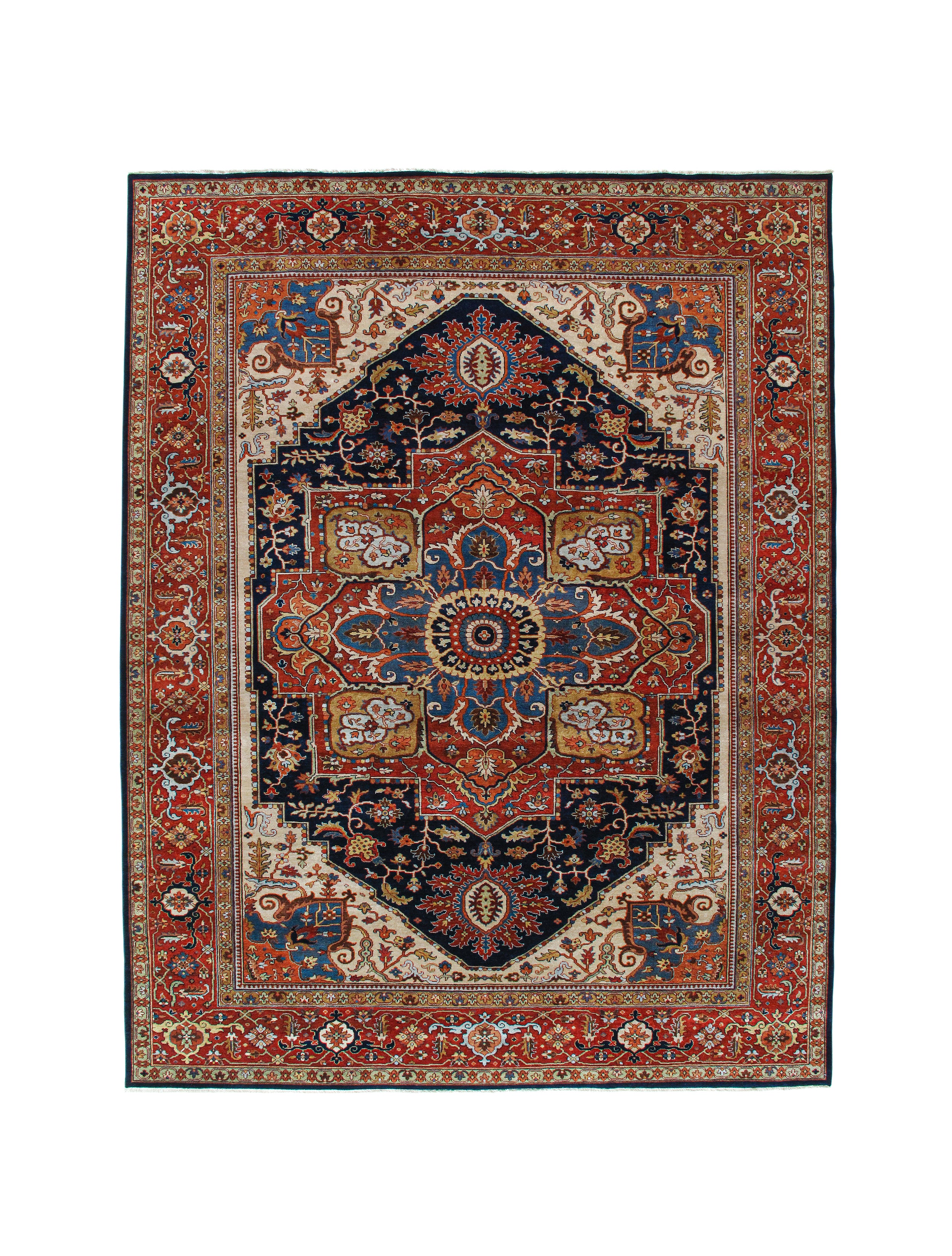 Classic Persian Heriz Rug with Radiant Medallion in Navy, Red, and Ivory
