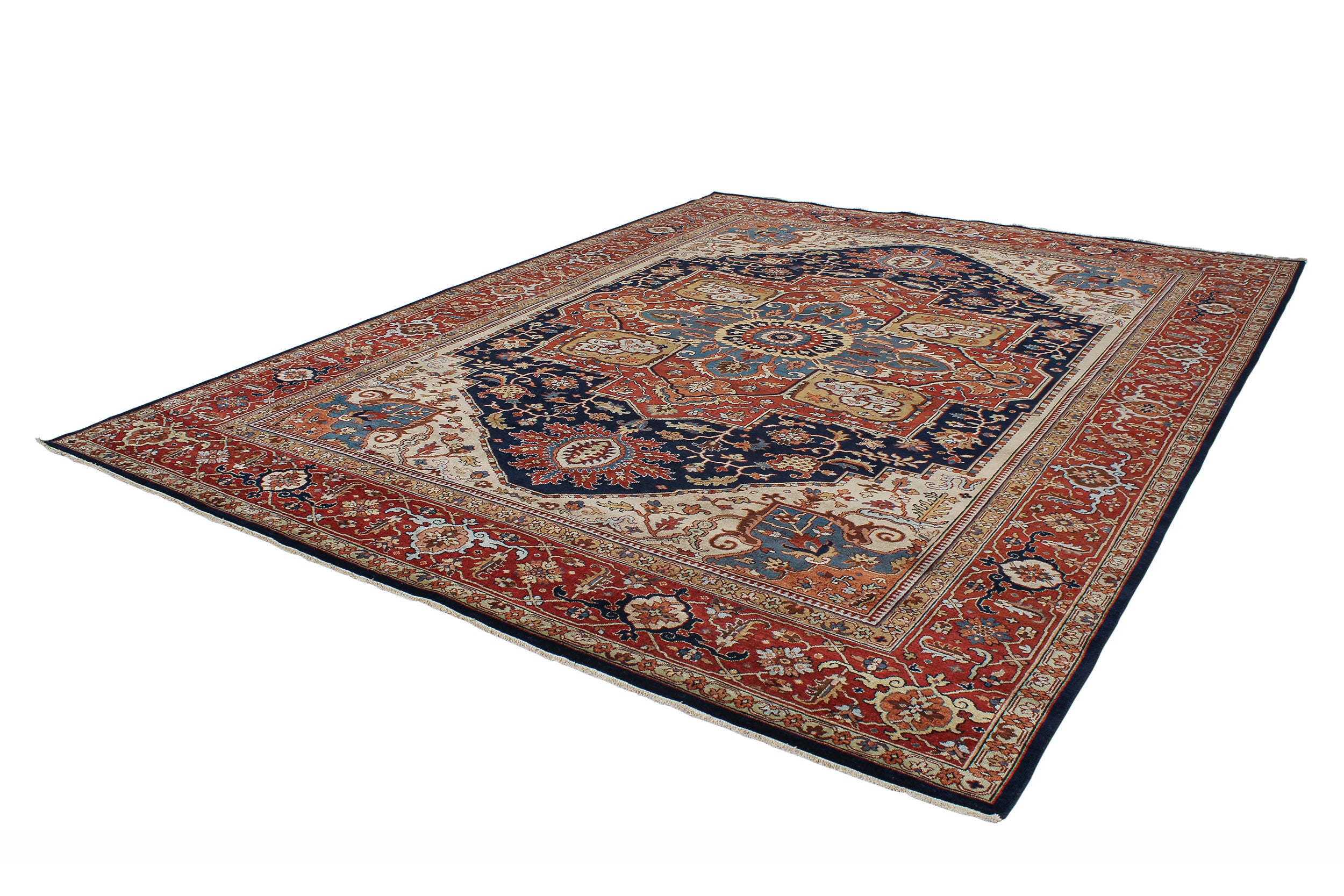 Classic Persian Heriz Rug with Radiant Medallion in Navy, Red, and Ivory