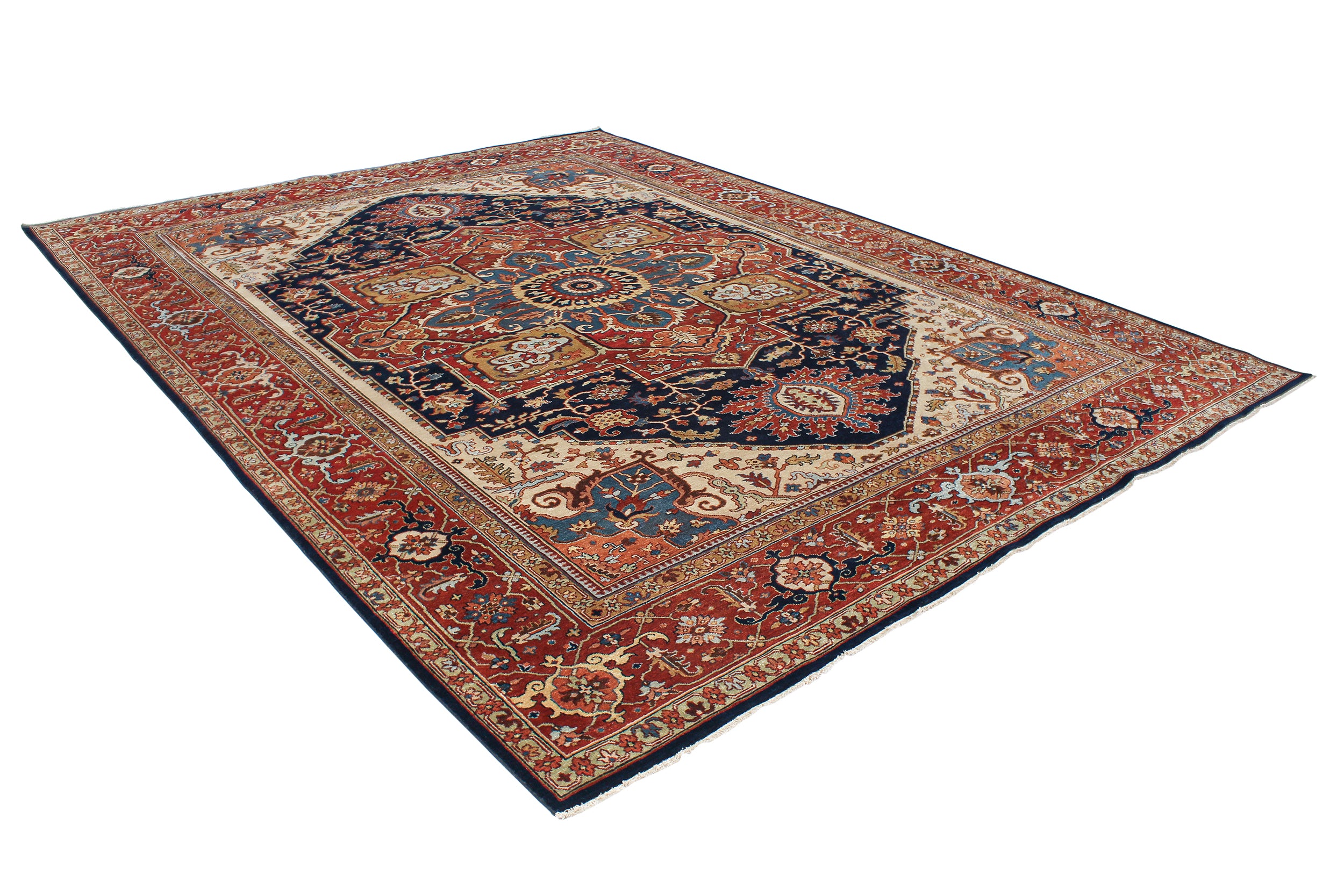Classic Persian Heriz Rug with Radiant Medallion in Navy, Red, and Ivory