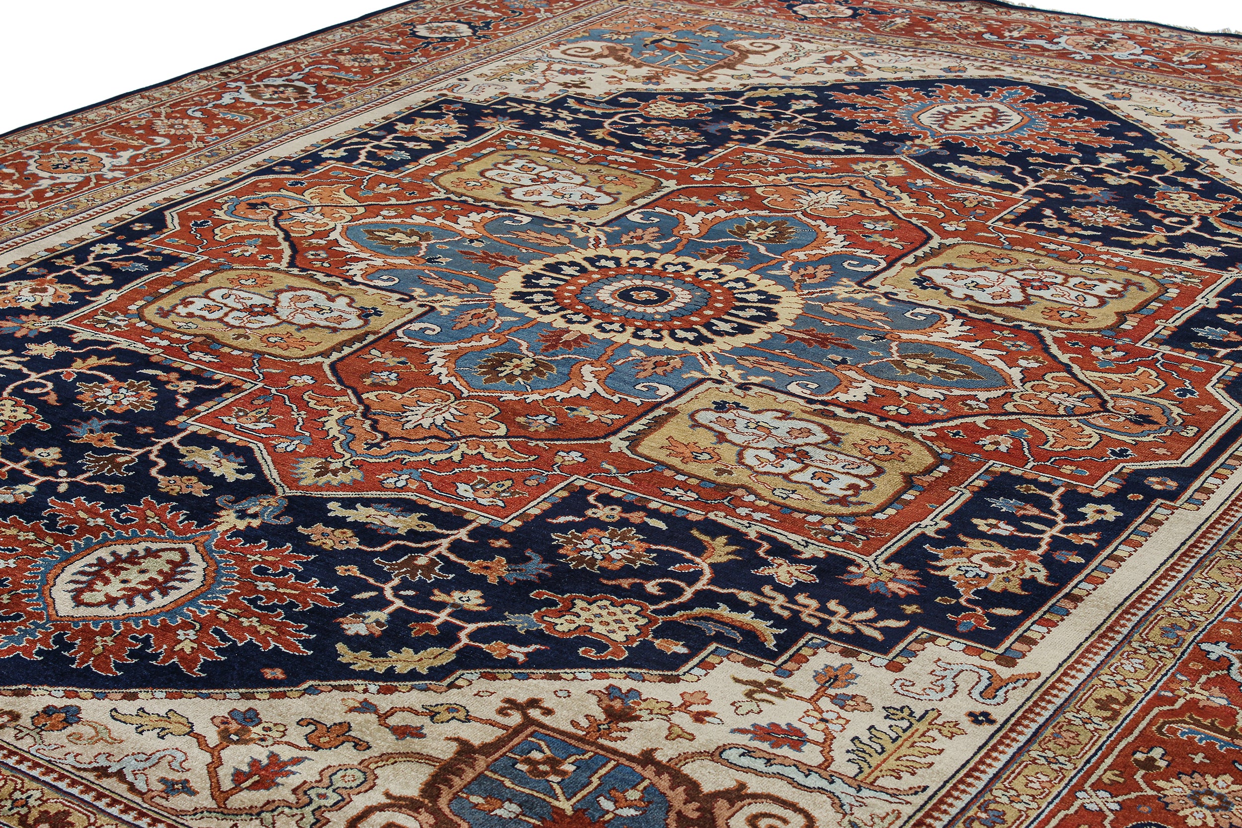 Classic Persian Heriz Rug with Radiant Medallion in Navy, Red, and Ivory