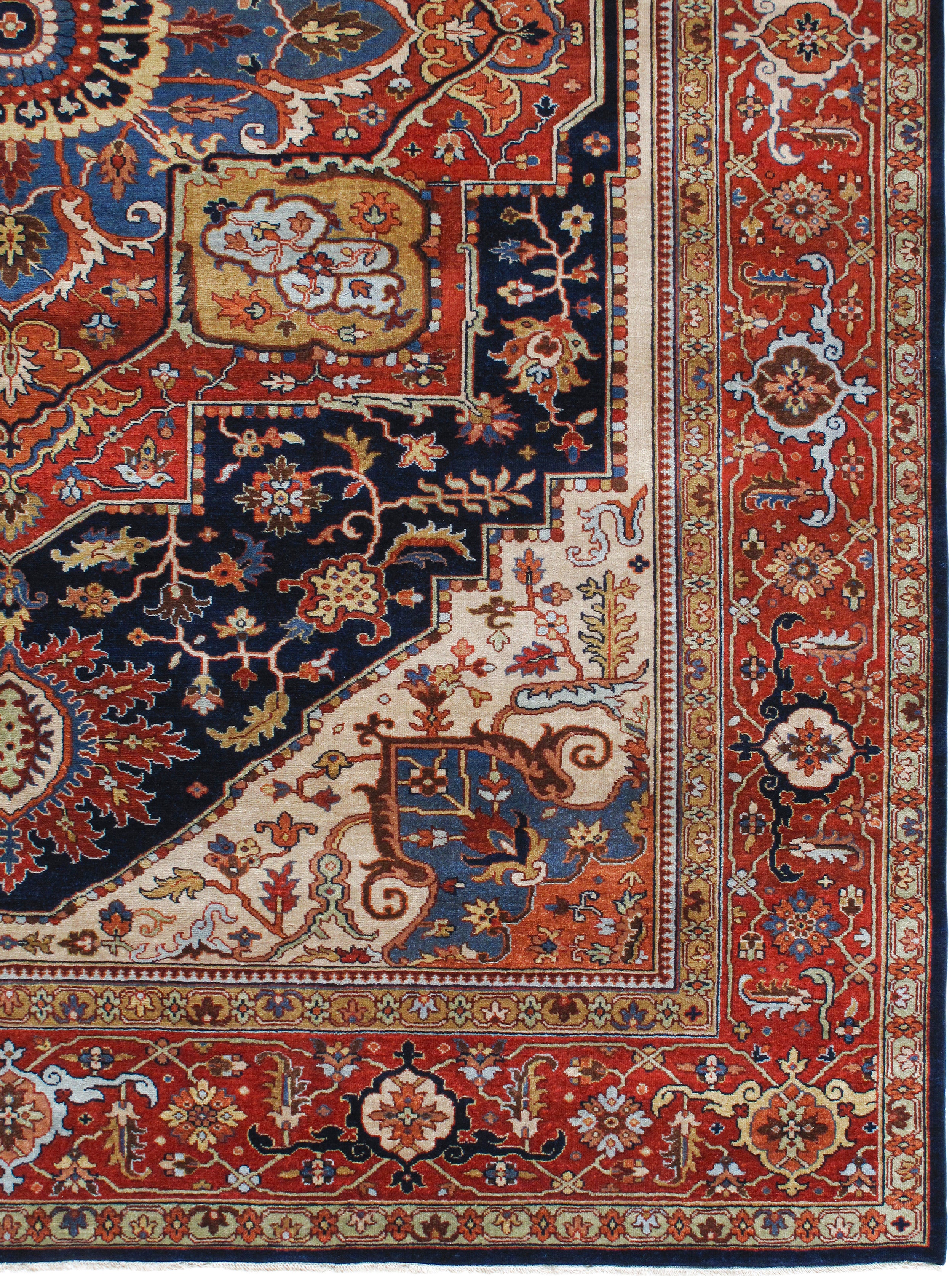 Classic Persian Heriz Rug with Radiant Medallion in Navy, Red, and Ivory