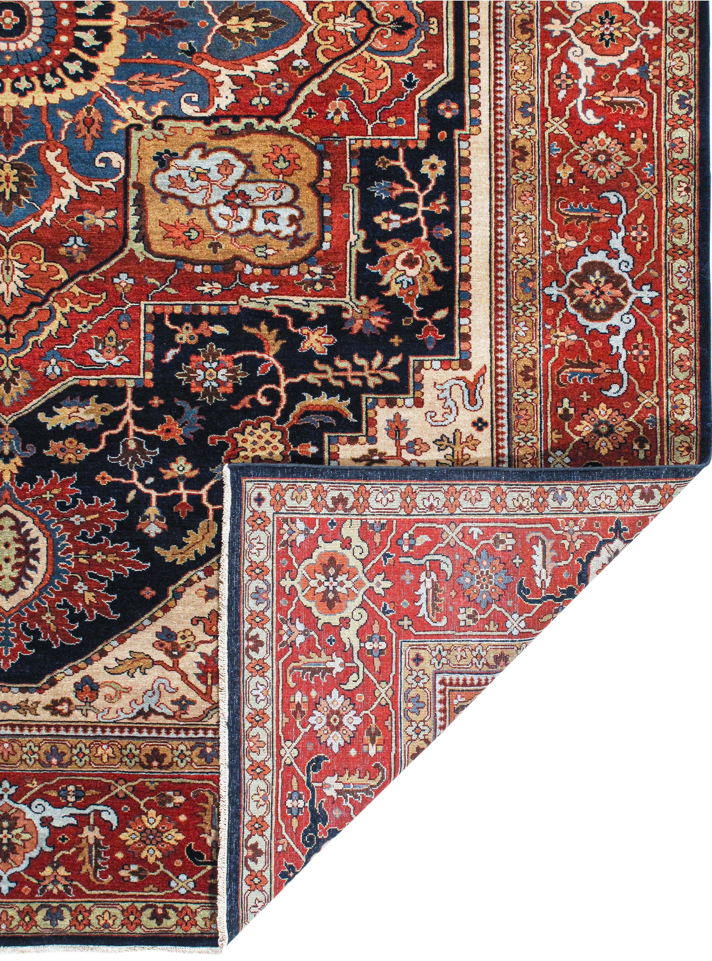 Classic Persian Heriz Rug with Radiant Medallion in Navy, Red, and Ivory