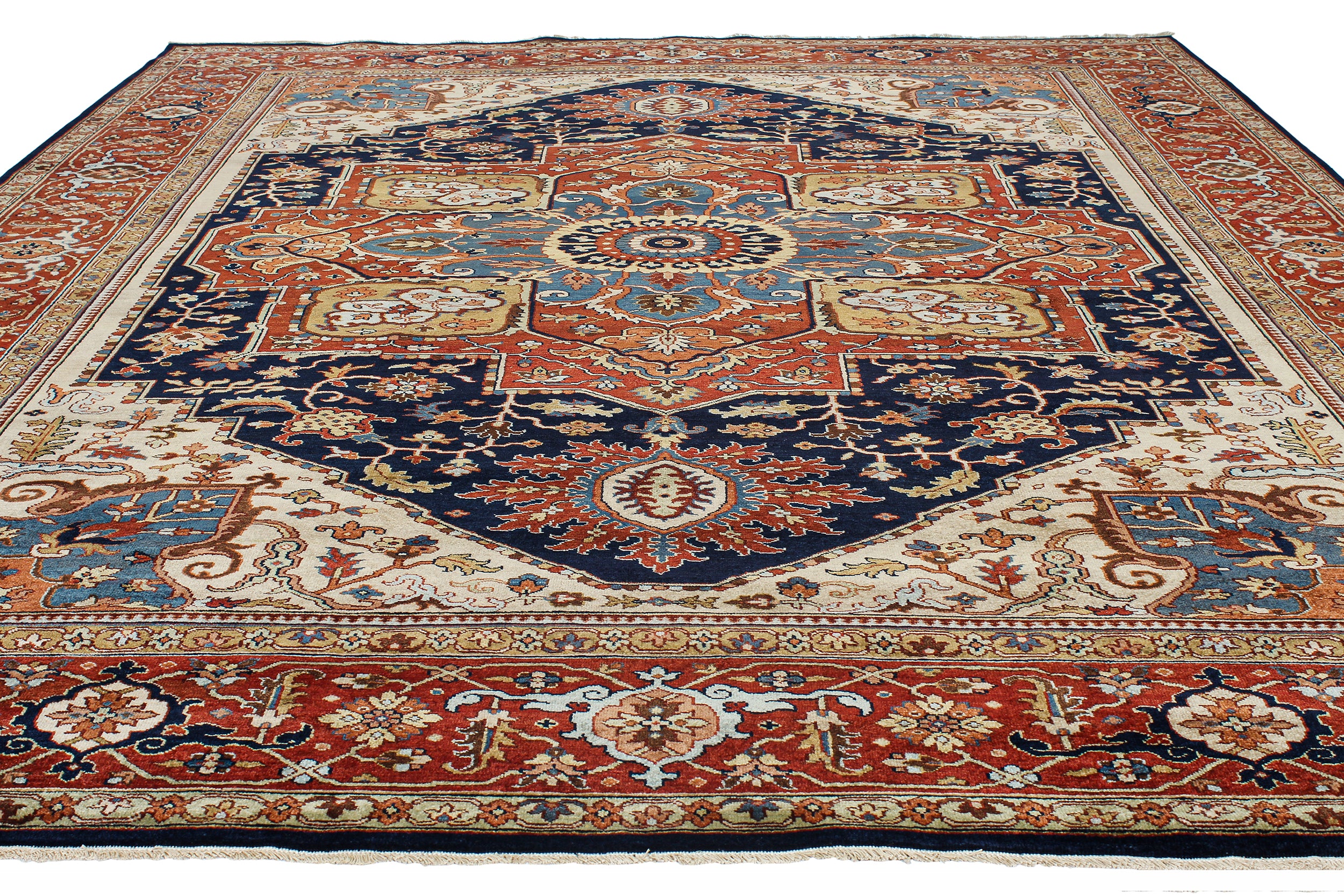 Classic Persian Heriz Rug with Radiant Medallion in Navy, Red, and Ivory