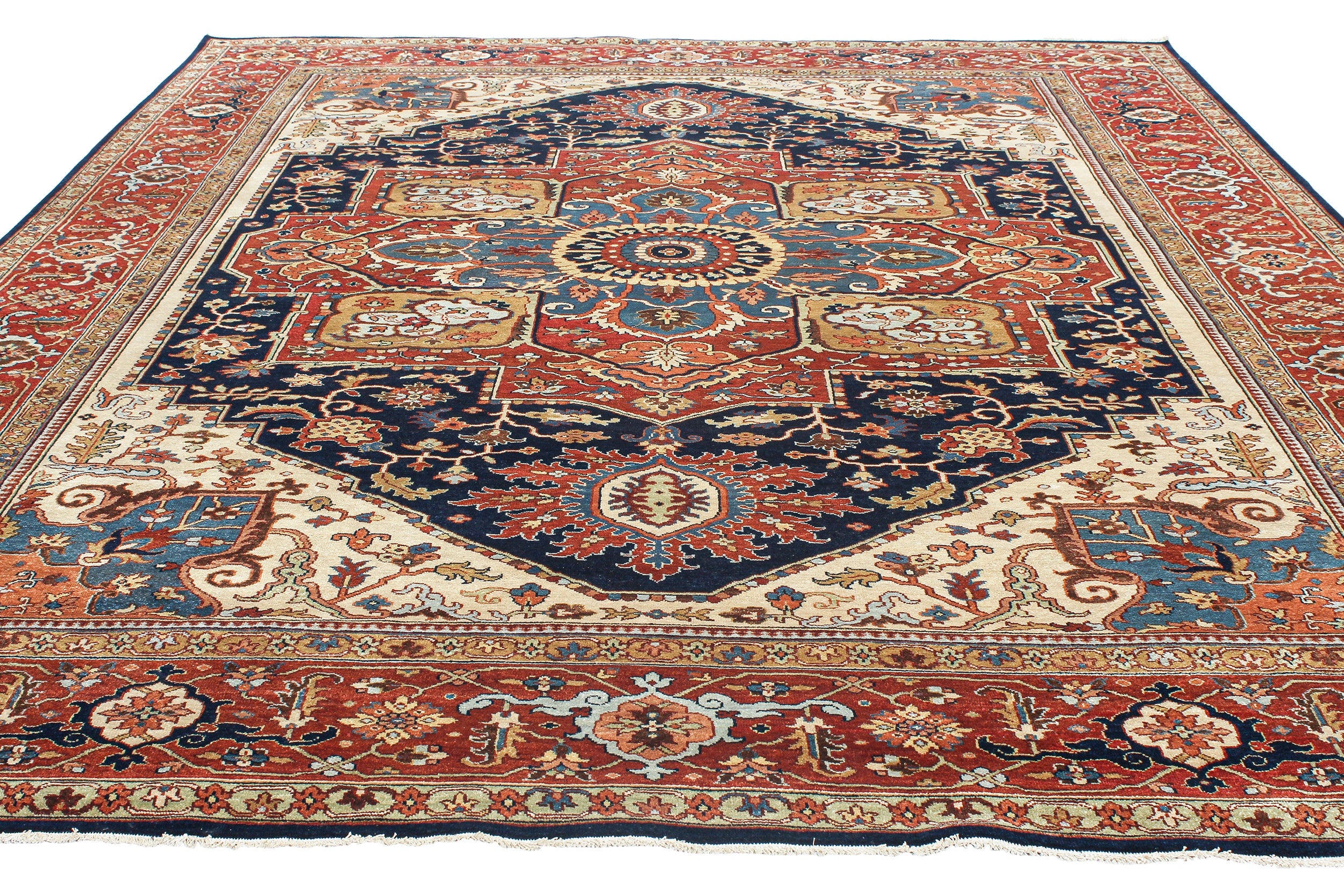 Classic Persian Heriz Rug with Radiant Medallion in Navy, Red, and Ivory
