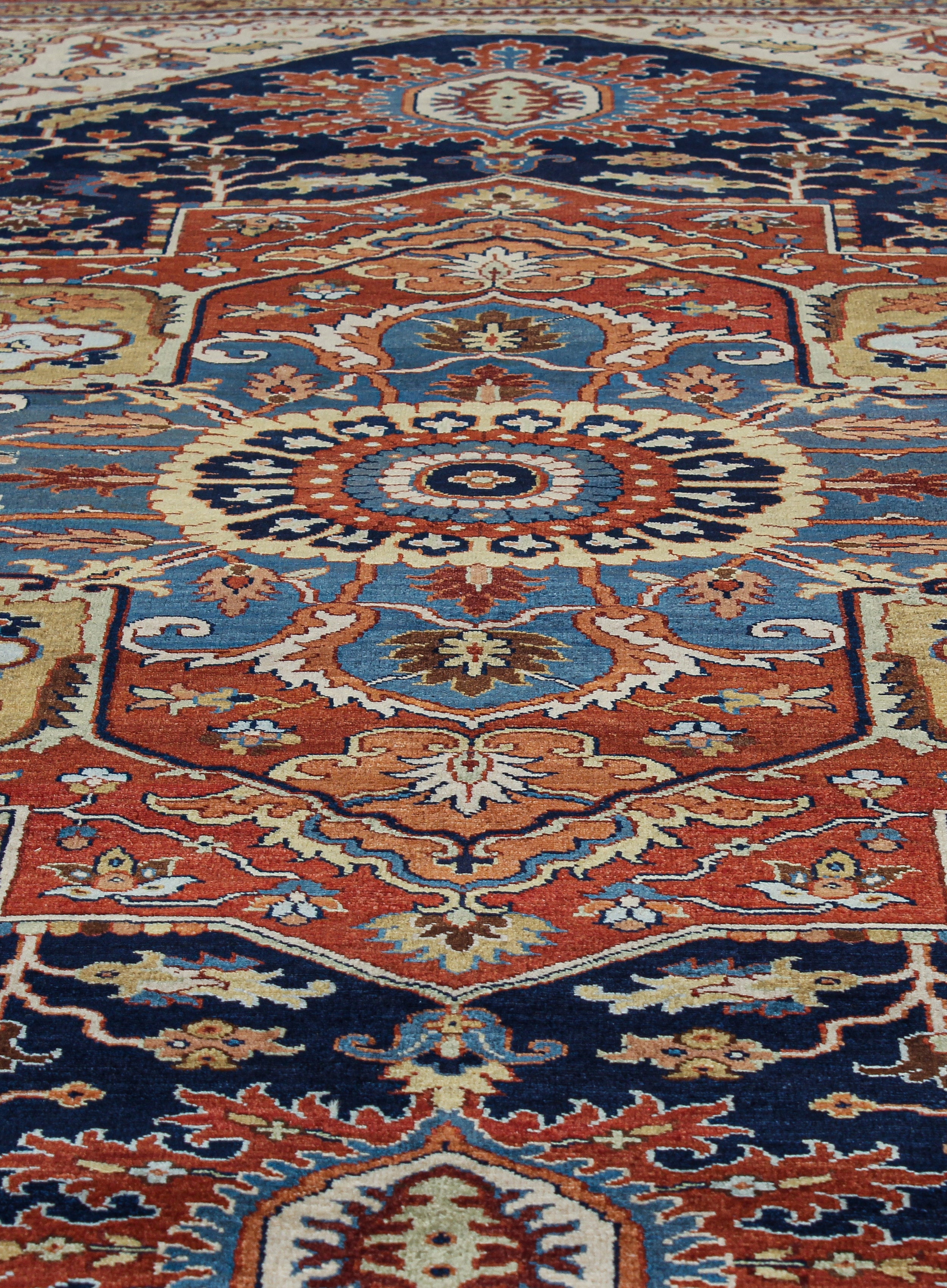 Classic Persian Heriz Rug with Radiant Medallion in Navy, Red, and Ivory