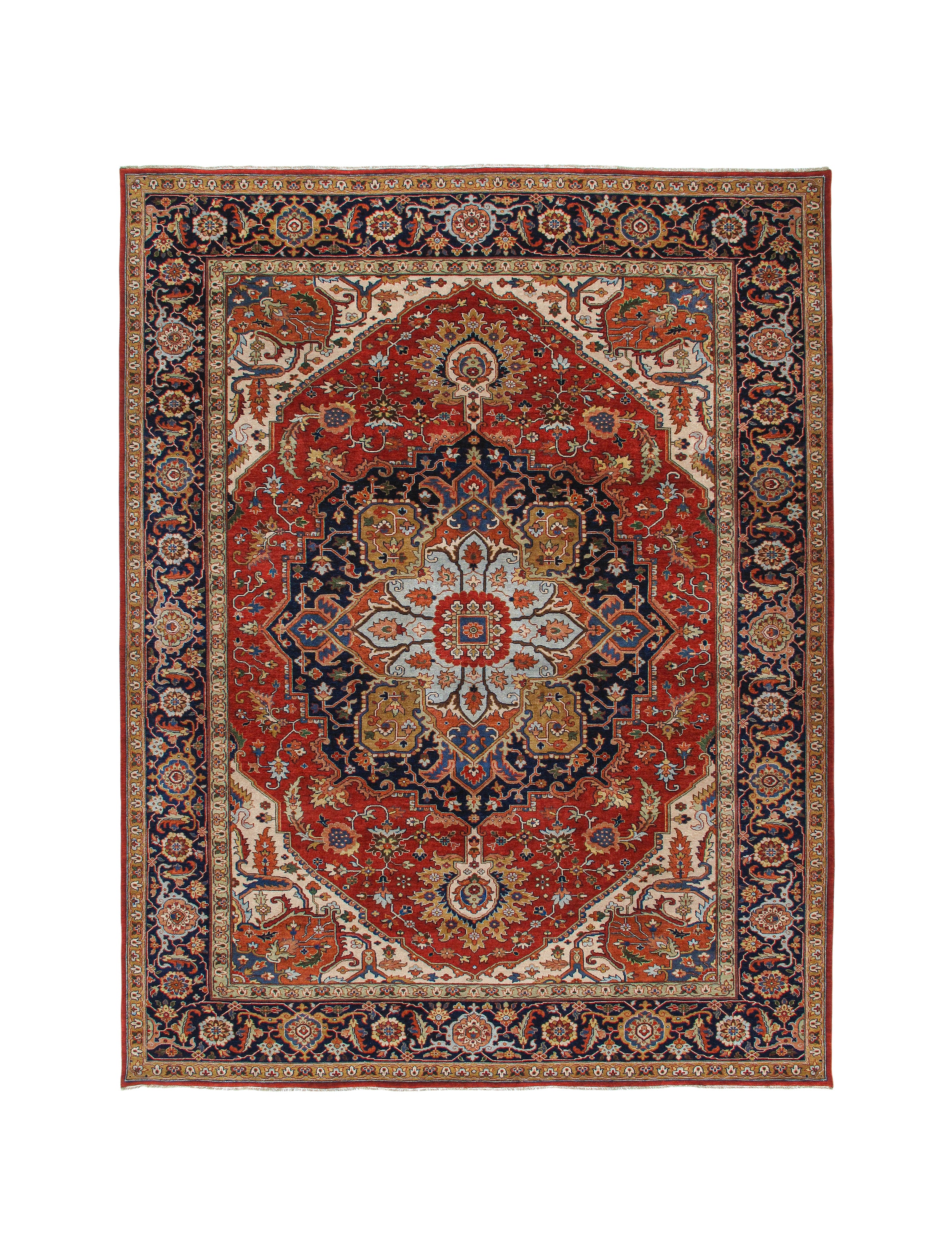 Persian Heriz-Style Rug with Central Medallion in Red, Navy, and Ivory