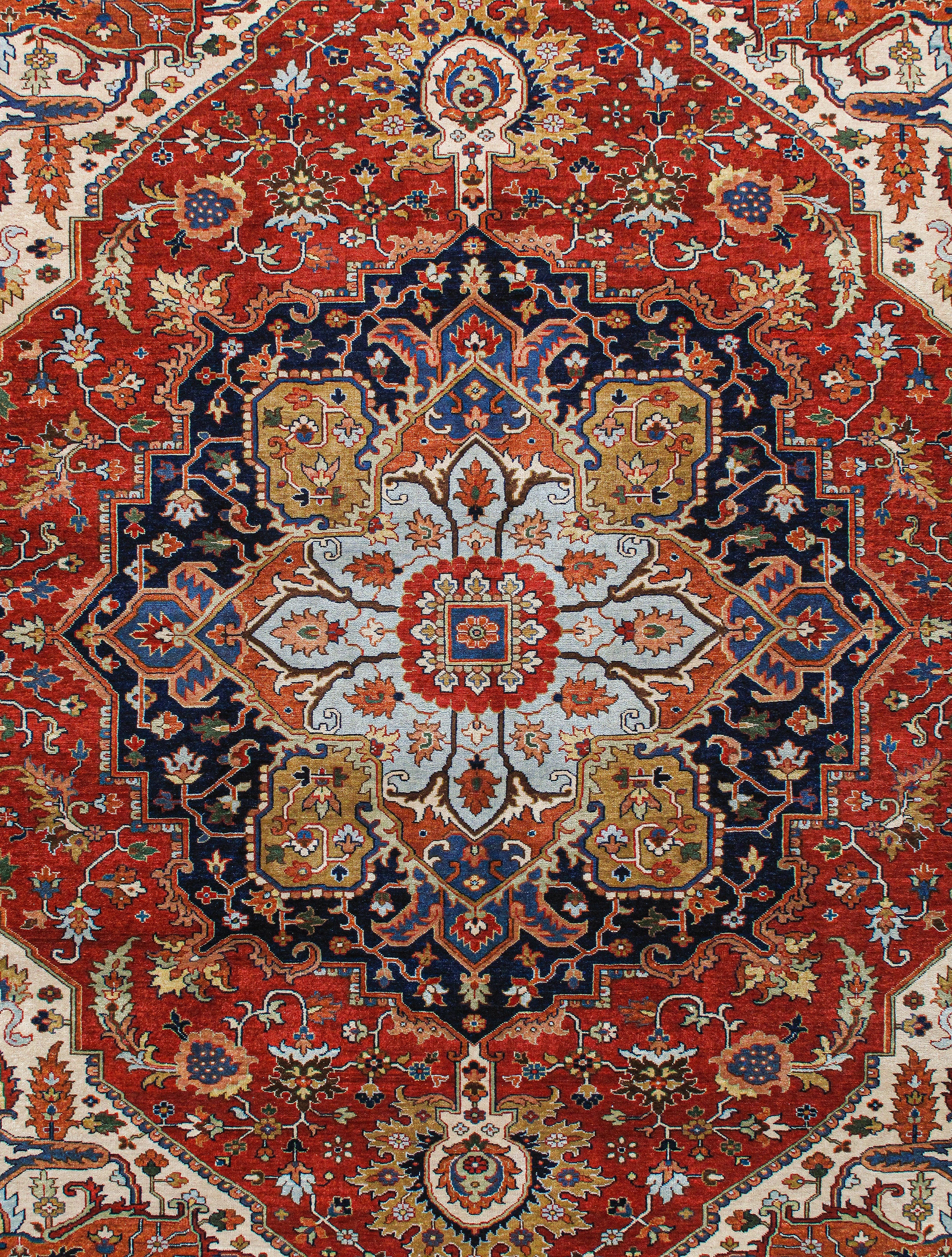 Persian Heriz-Style Rug with Central Medallion in Red, Navy, and Ivory