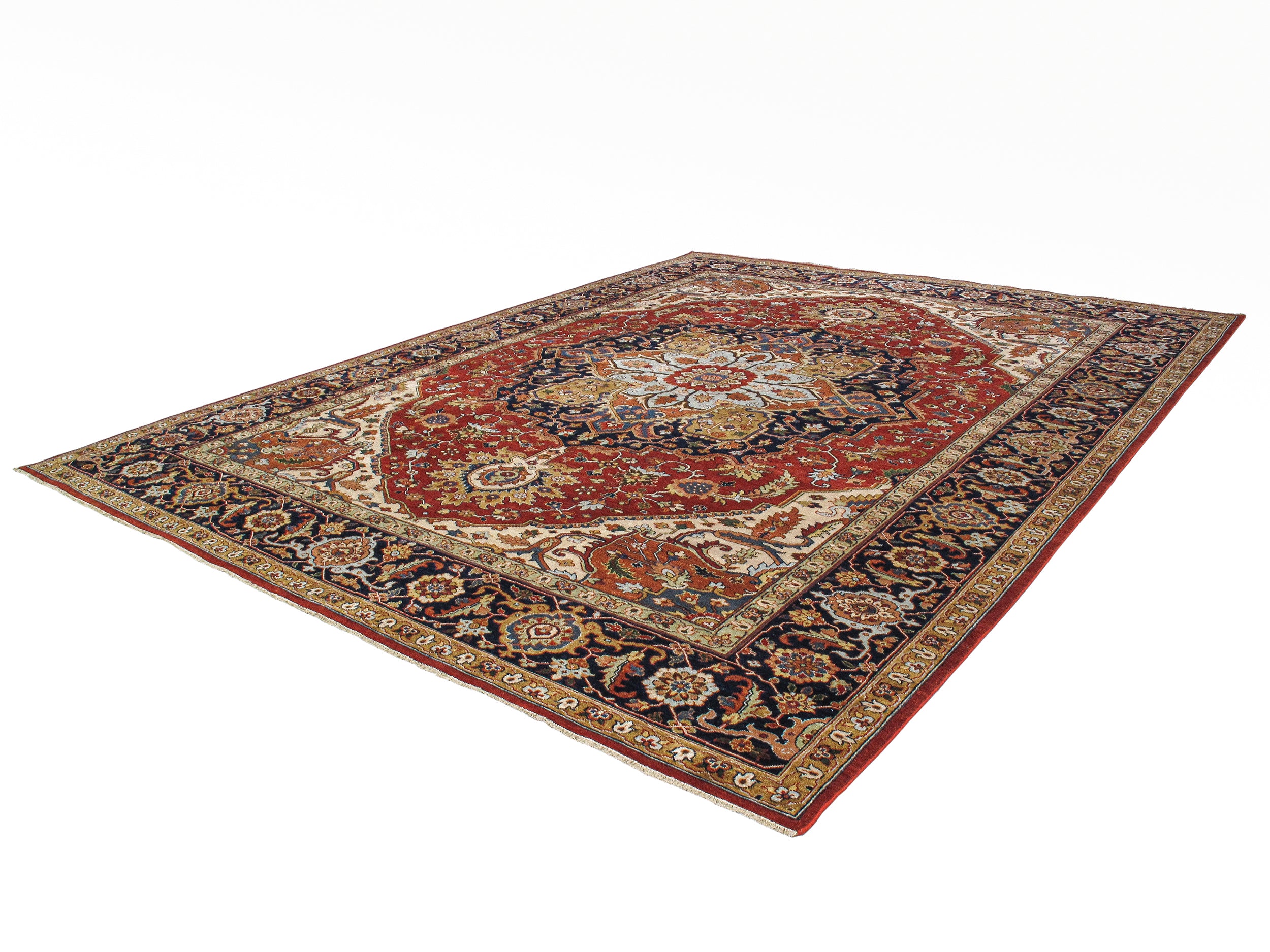 Persian Heriz-Style Rug with Central Medallion in Red, Navy, and Ivory