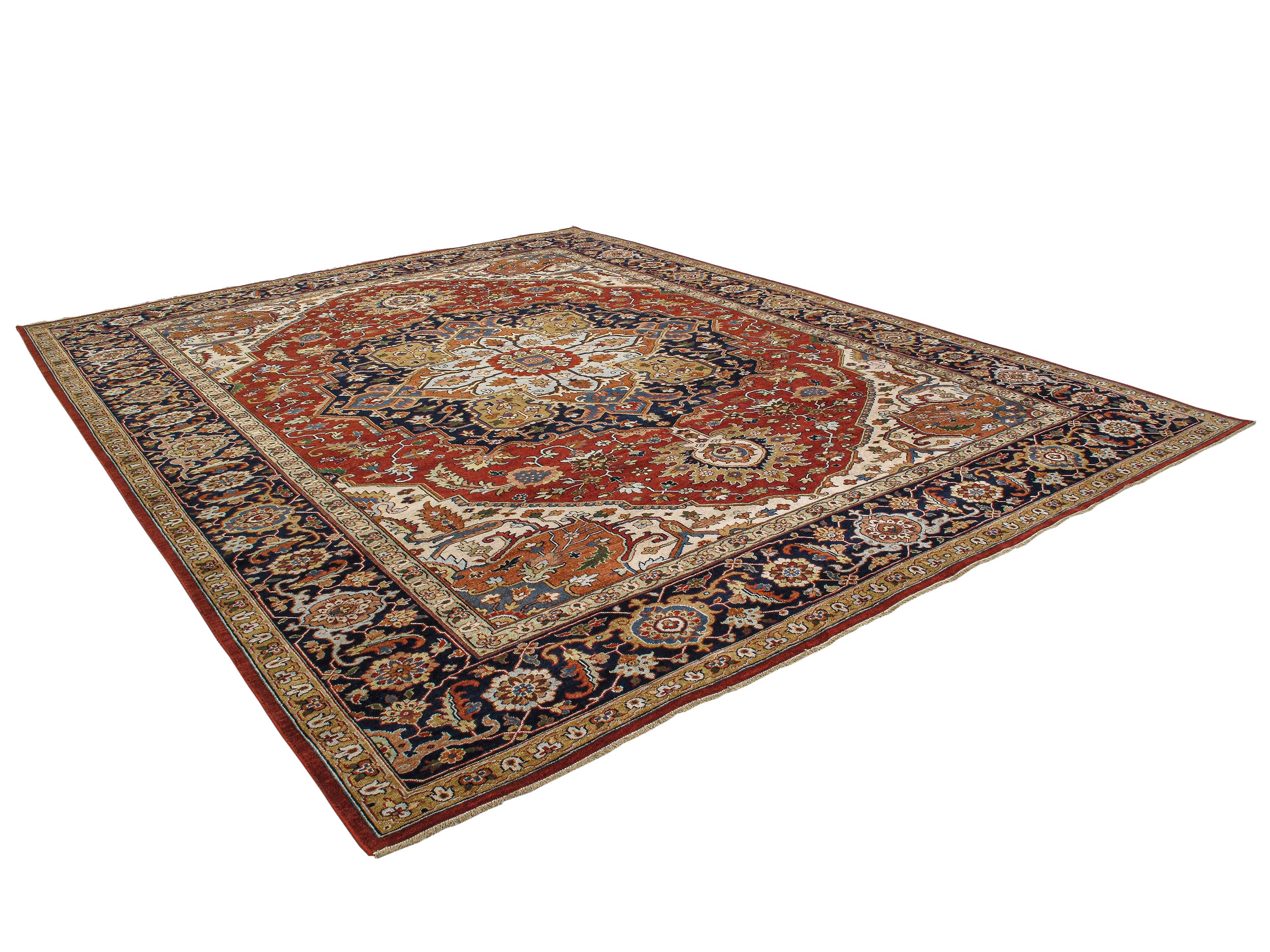 Persian Heriz-Style Rug with Central Medallion in Red, Navy, and Ivory