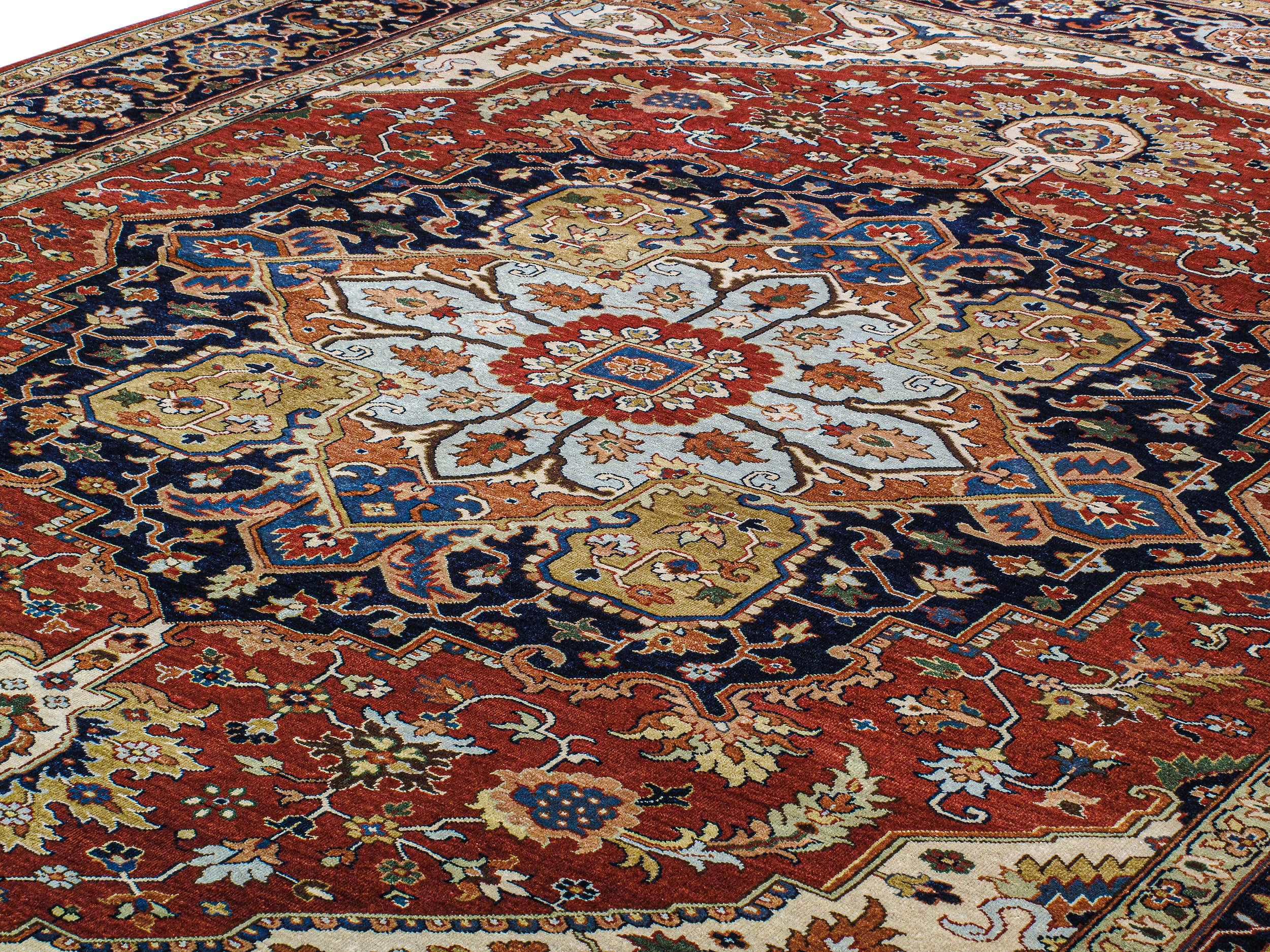 Persian Heriz-Style Rug with Central Medallion in Red, Navy, and Ivory