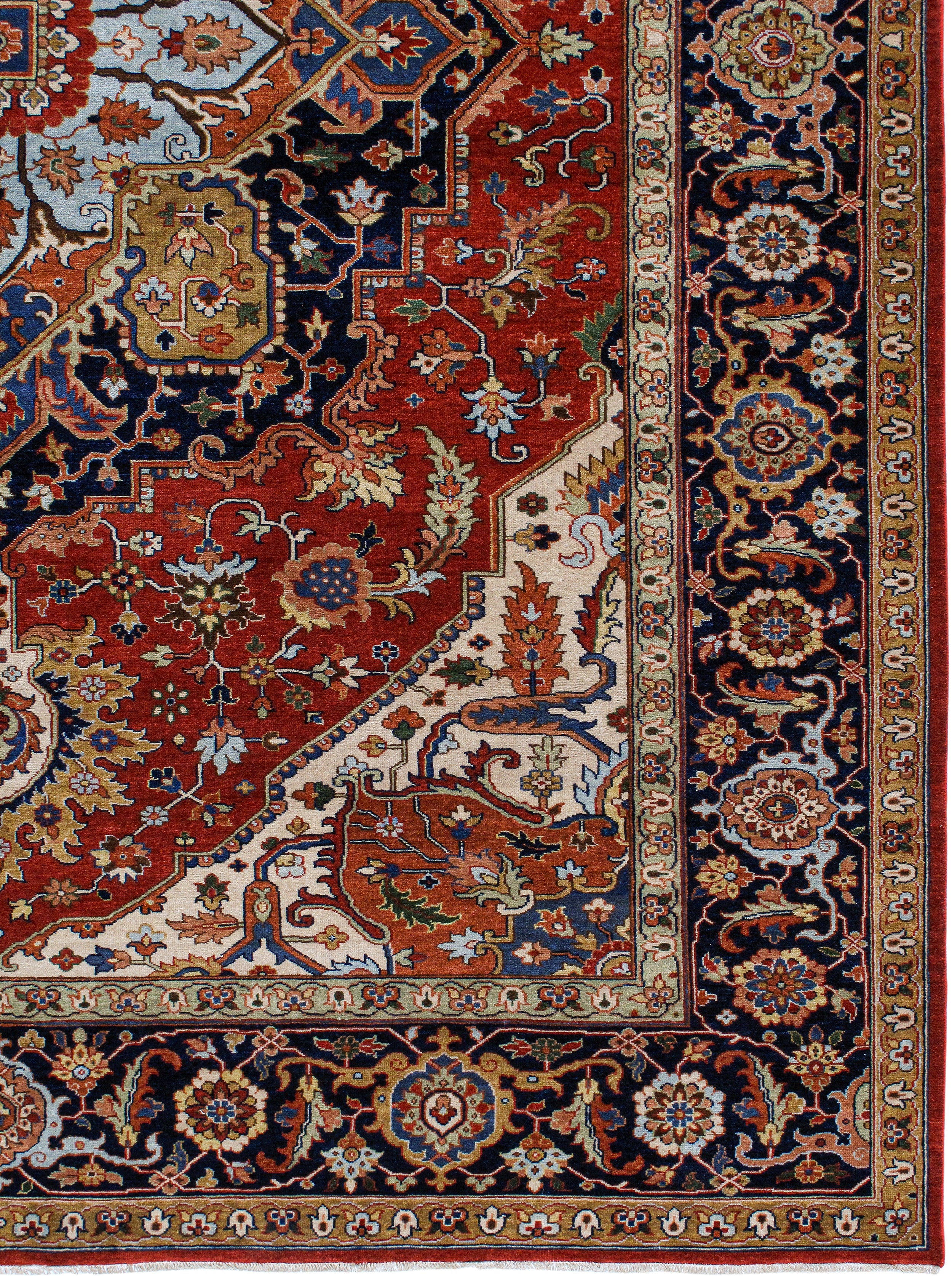 Persian Heriz-Style Rug with Central Medallion in Red, Navy, and Ivory