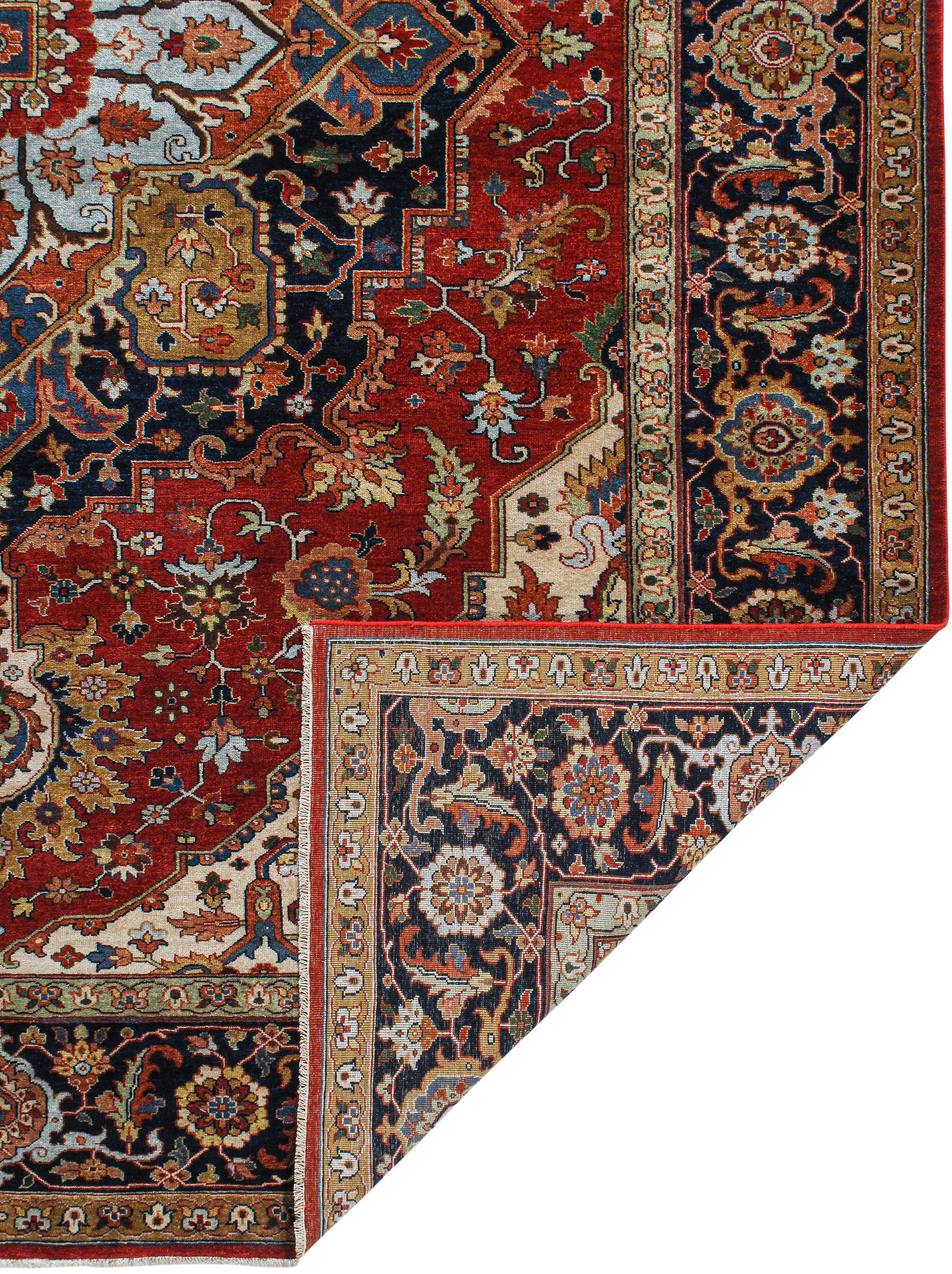 Persian Heriz-Style Rug with Central Medallion in Red, Navy, and Ivory