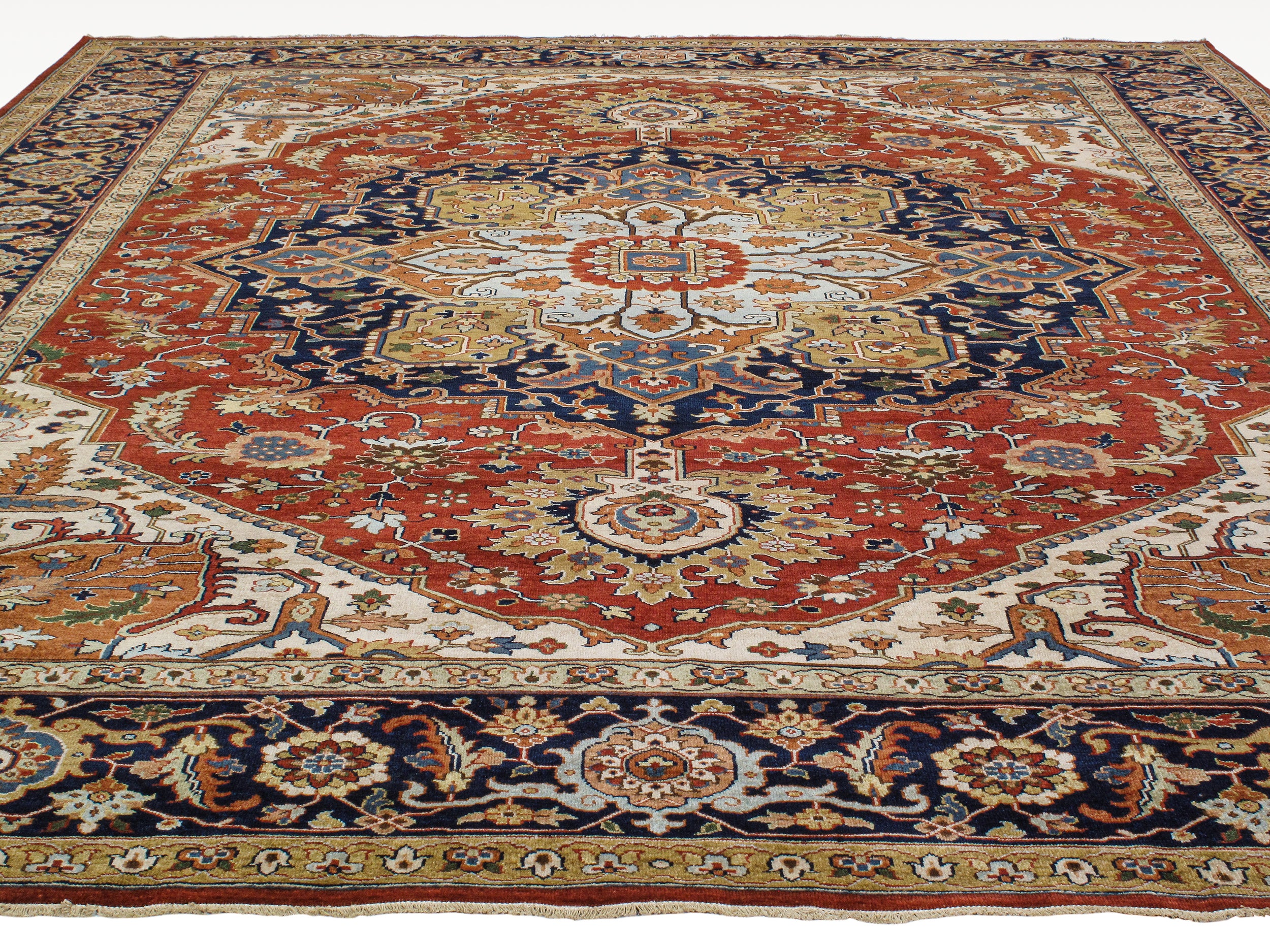 Persian Heriz-Style Rug with Central Medallion in Red, Navy, and Ivory