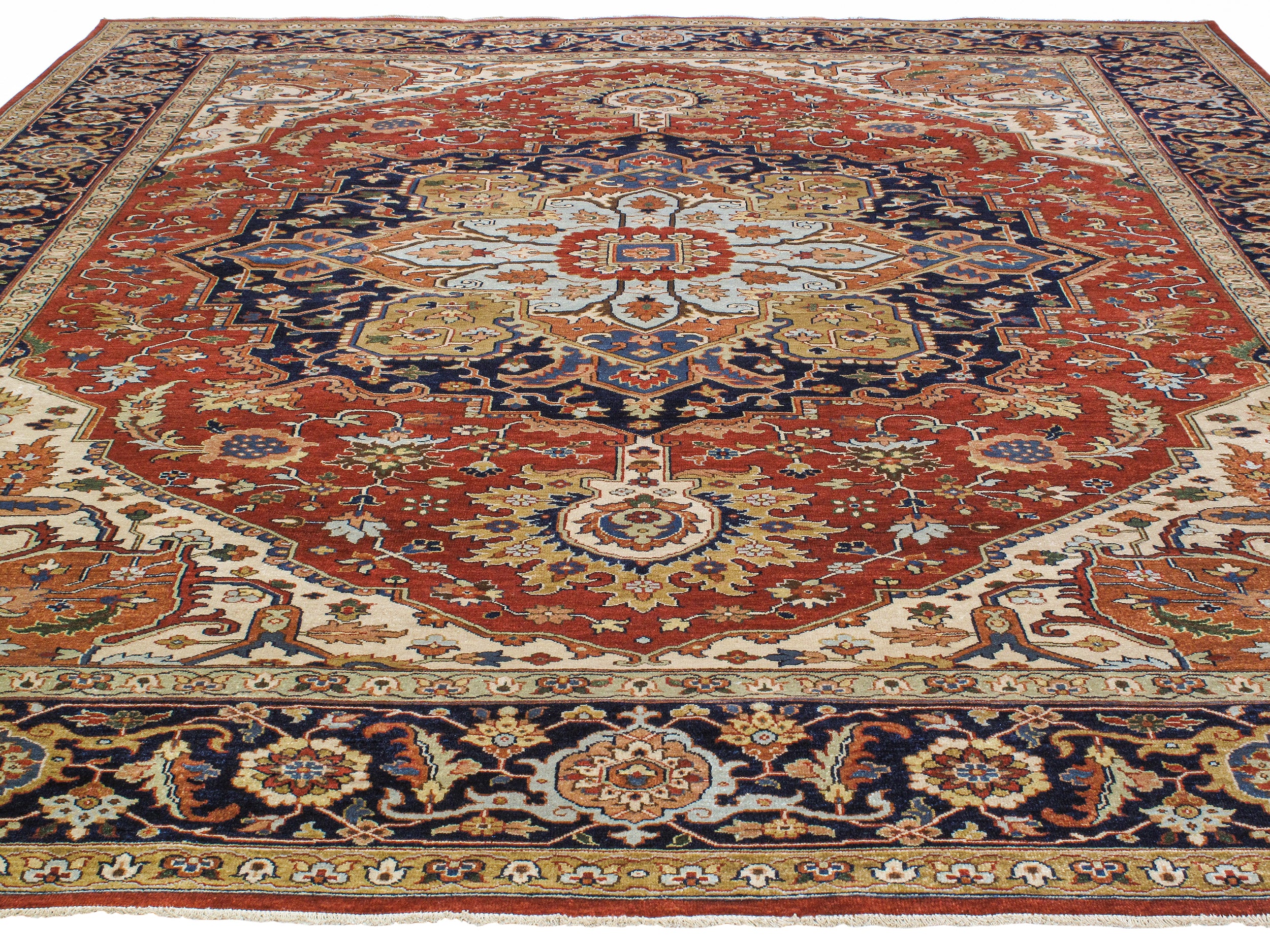 Persian Heriz-Style Rug with Central Medallion in Red, Navy, and Ivory