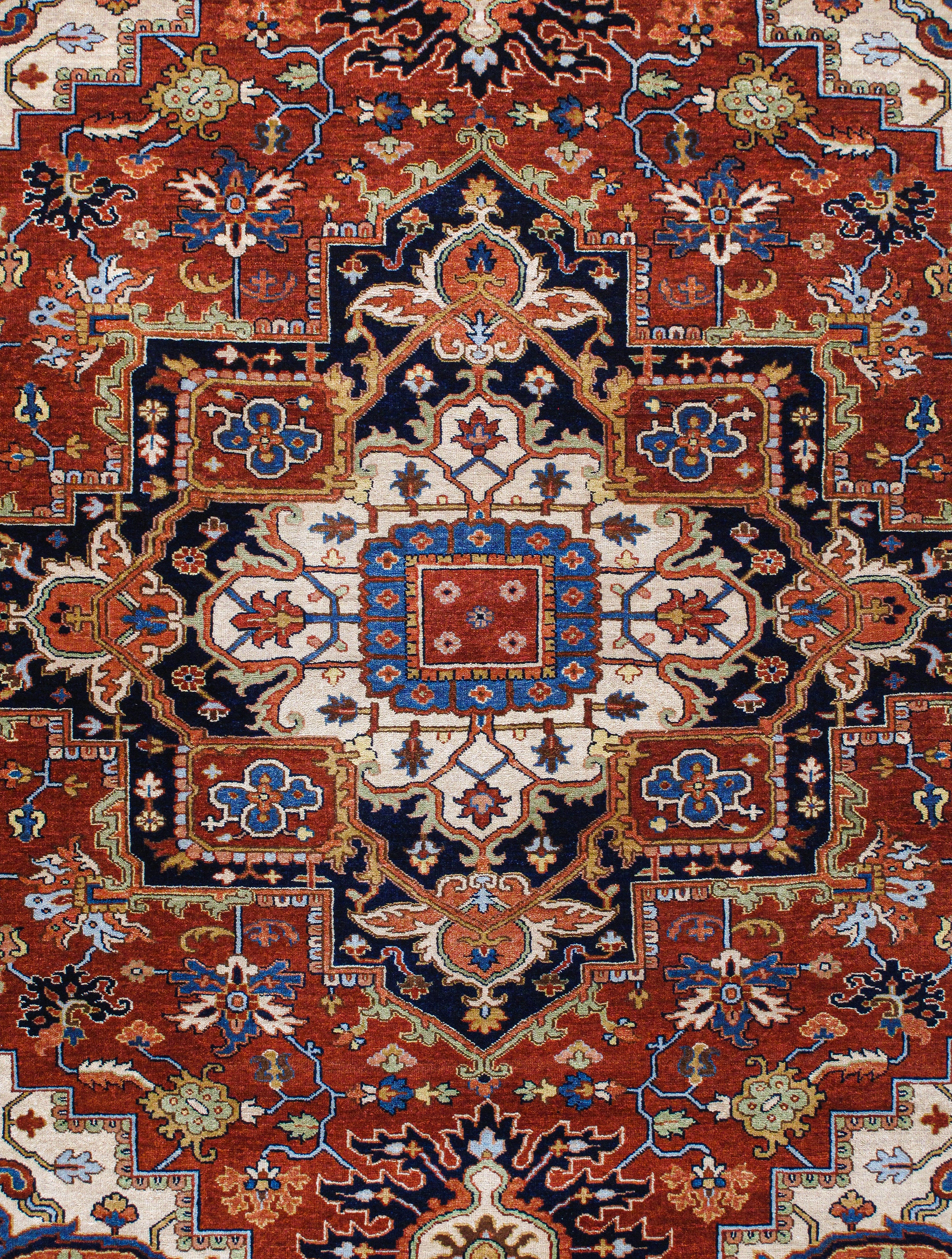 Geometric Heriz Persian Rug with Brick Red Field and Navy Border