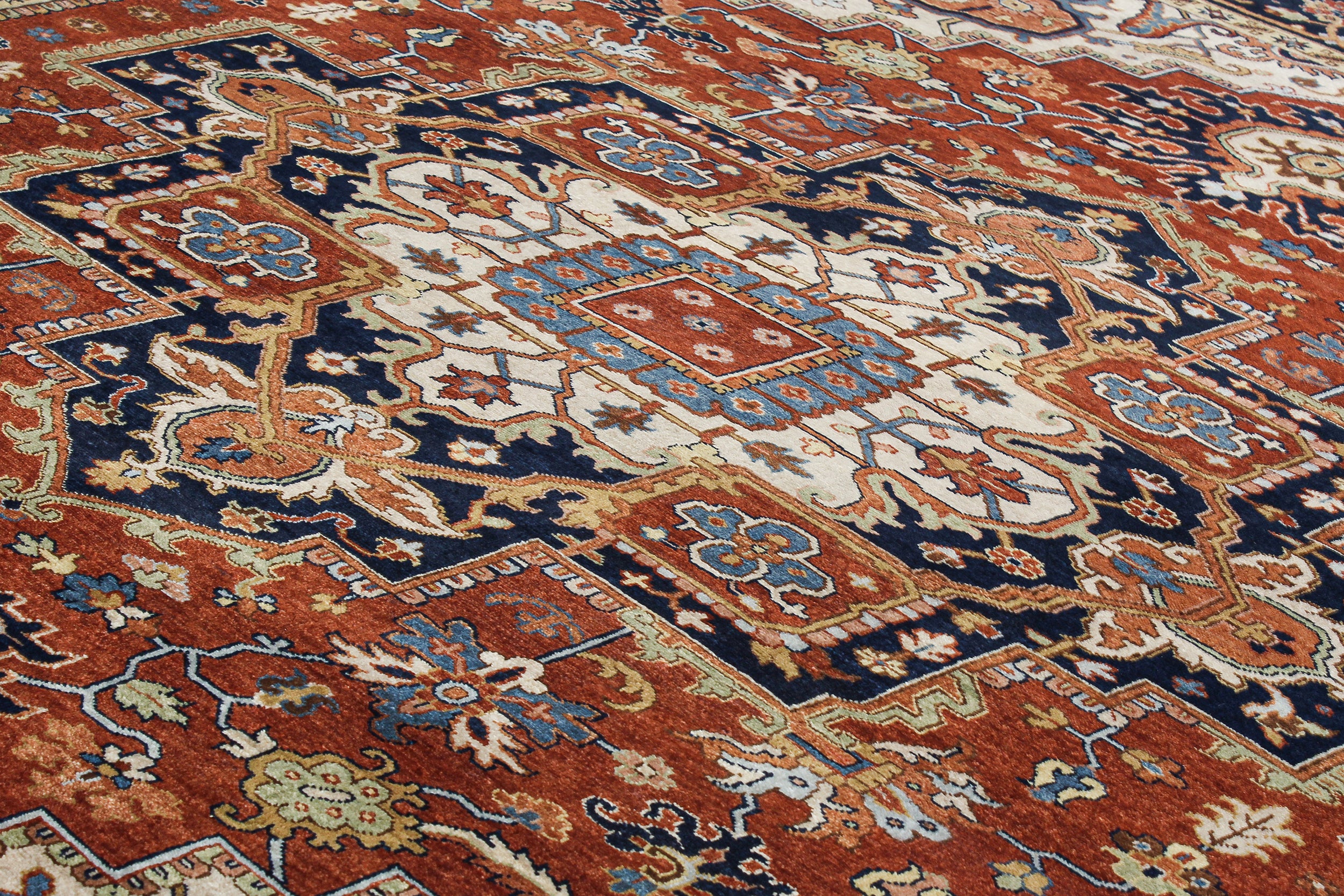 Geometric Heriz Persian Rug with Brick Red Field and Navy Border