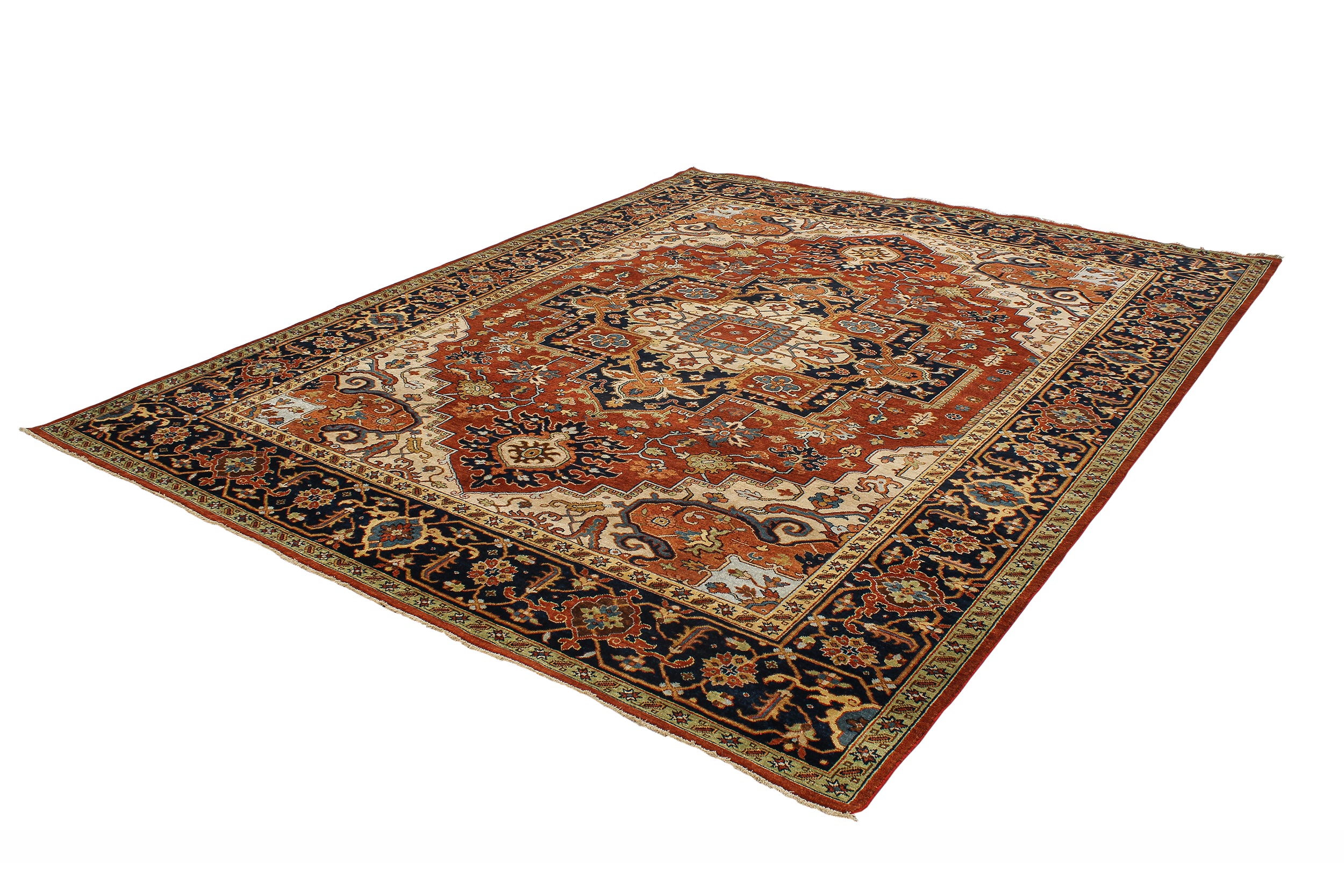 Geometric Heriz Persian Rug with Brick Red Field and Navy Border