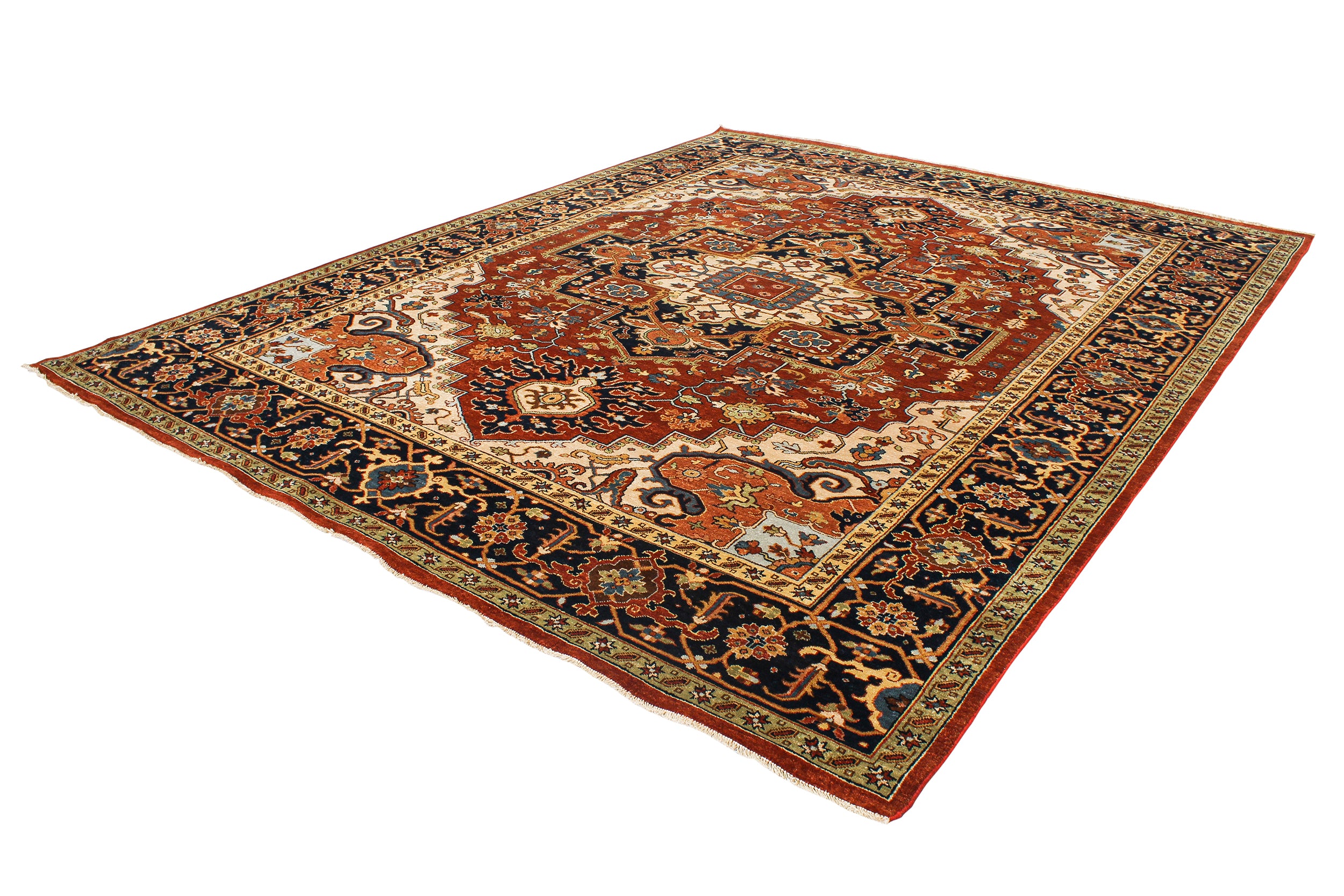 Geometric Heriz Persian Rug with Brick Red Field and Navy Border