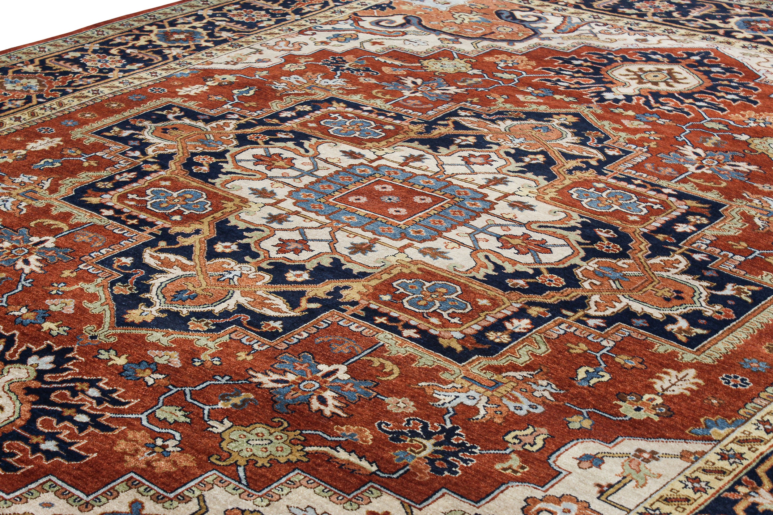 Geometric Heriz Persian Rug with Brick Red Field and Navy Border