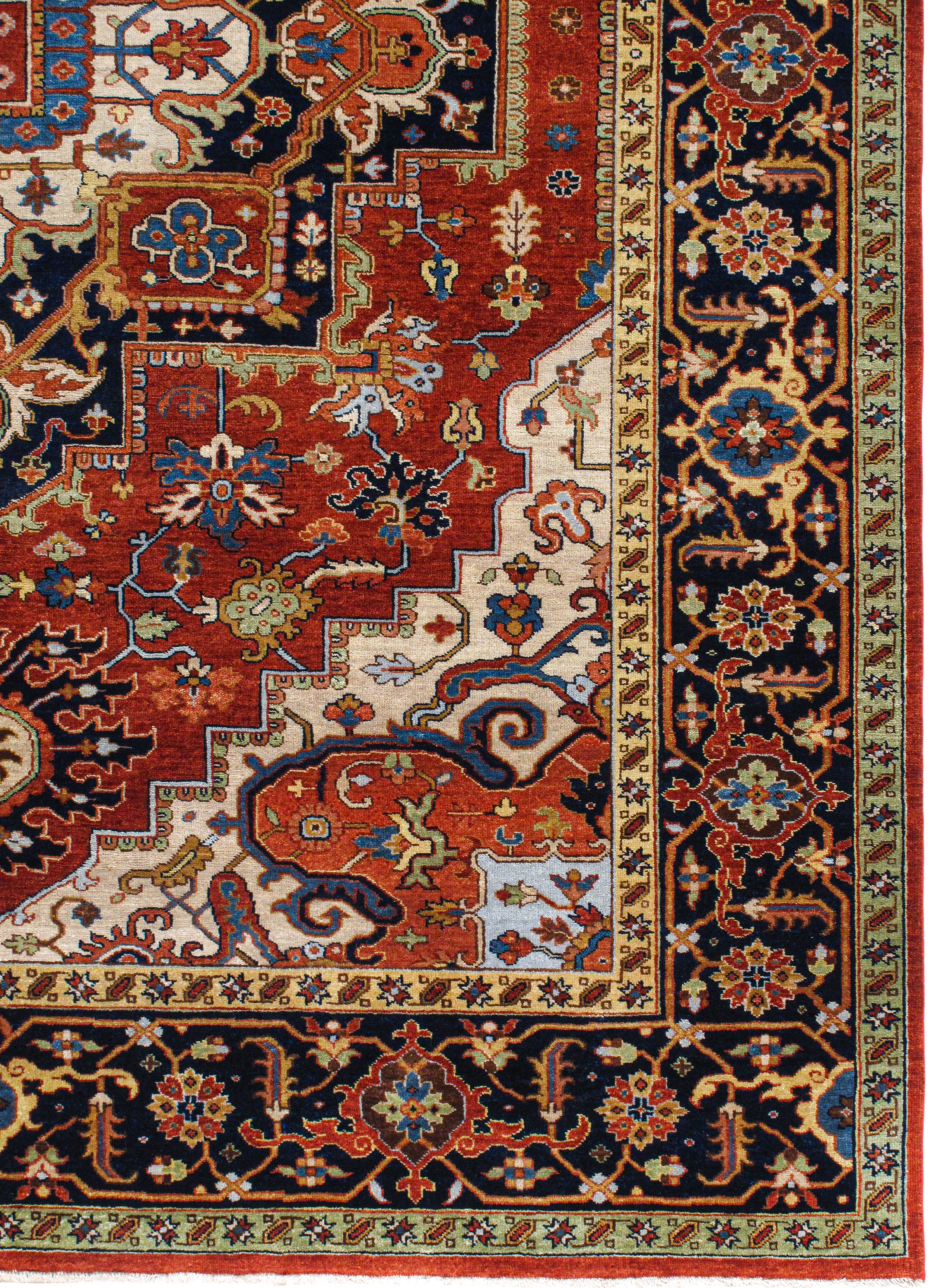 Geometric Heriz Persian Rug with Brick Red Field and Navy Border