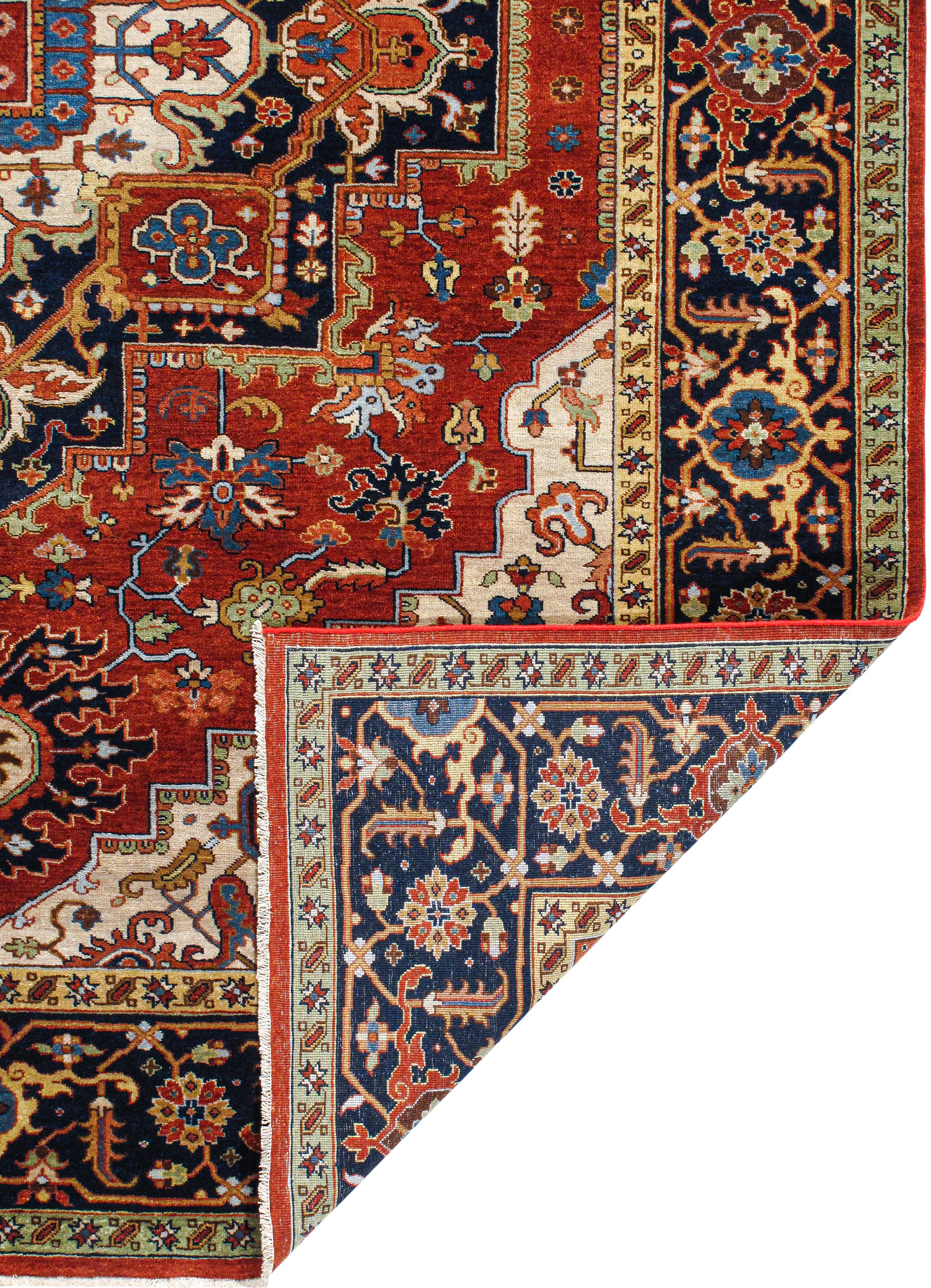 Geometric Heriz Persian Rug with Brick Red Field and Navy Border