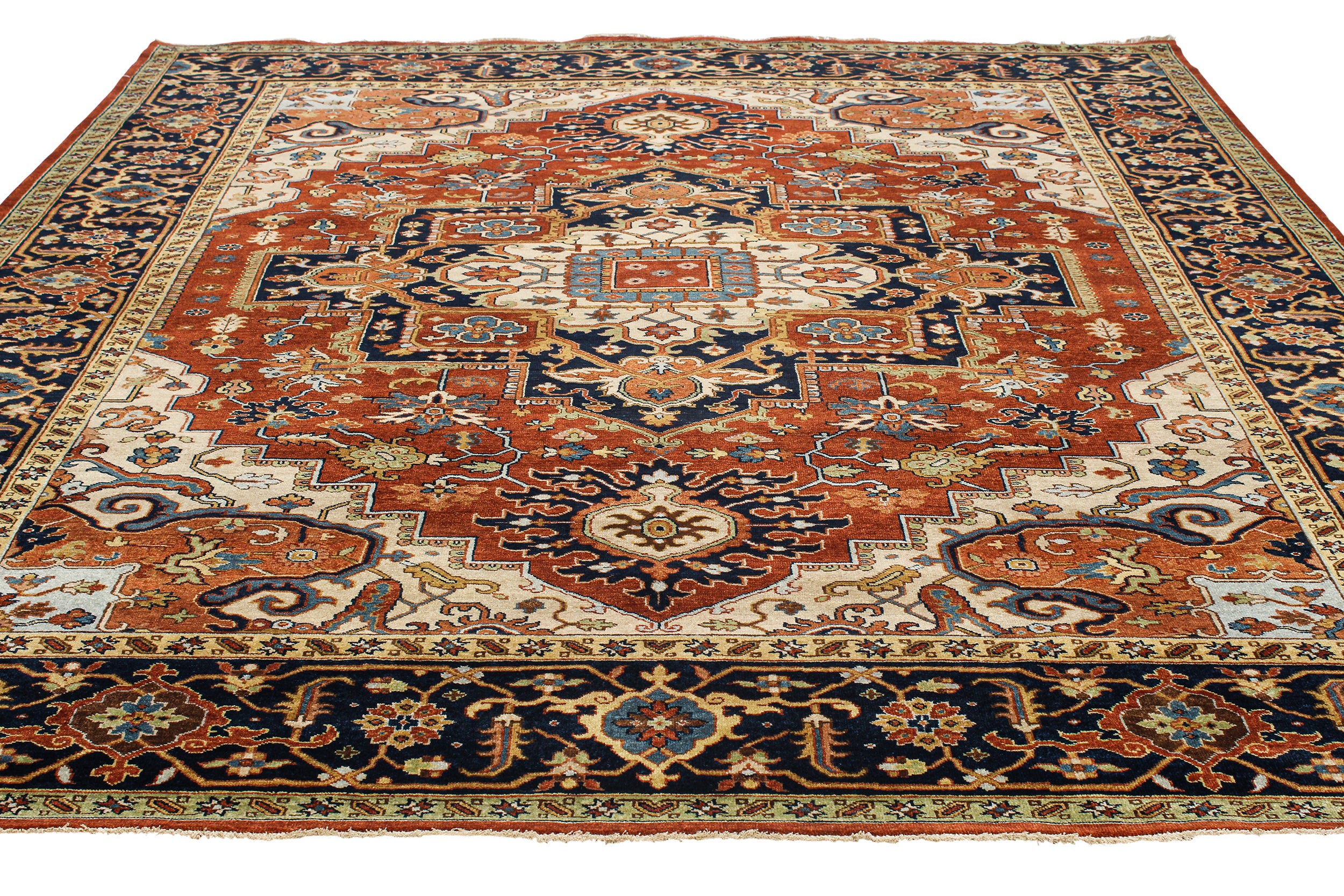 Geometric Heriz Persian Rug with Brick Red Field and Navy Border