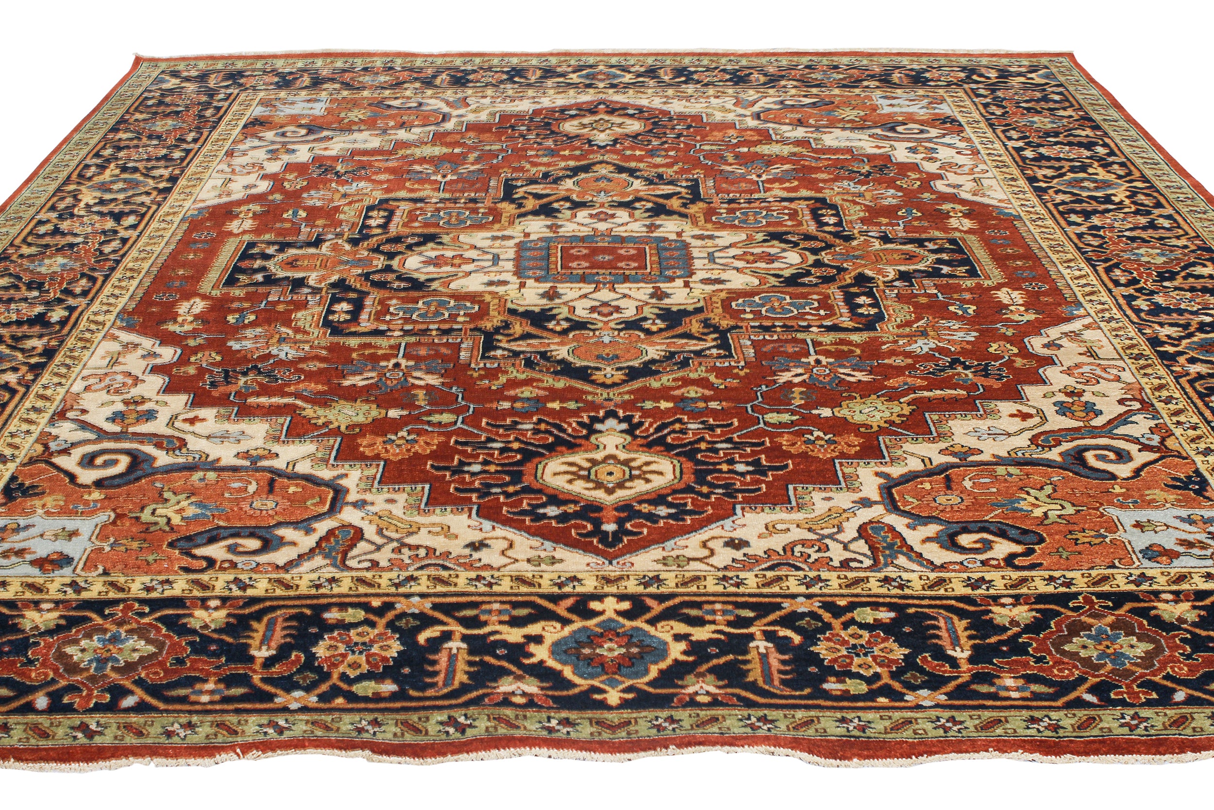 Geometric Heriz Persian Rug with Brick Red Field and Navy Border