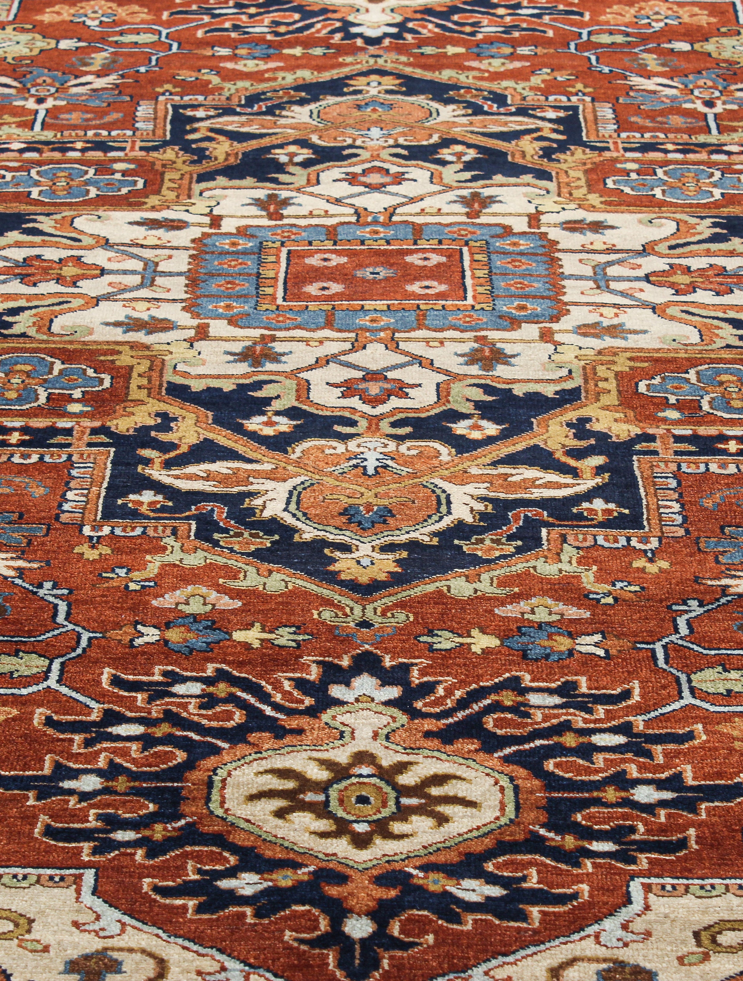 Geometric Heriz Persian Rug with Brick Red Field and Navy Border