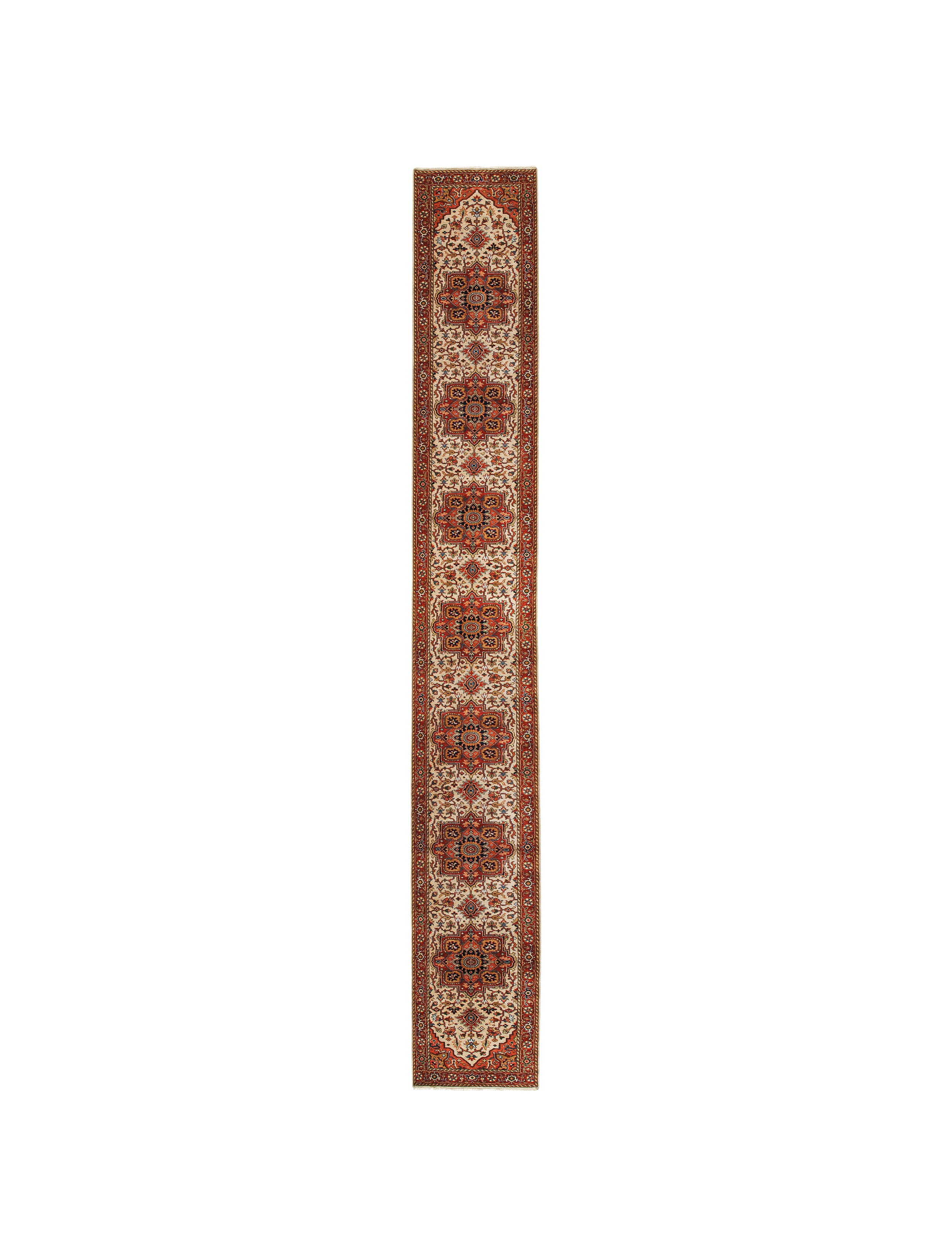Persian Runner Rug with Repeating Medallions in Ivory and Brick Red