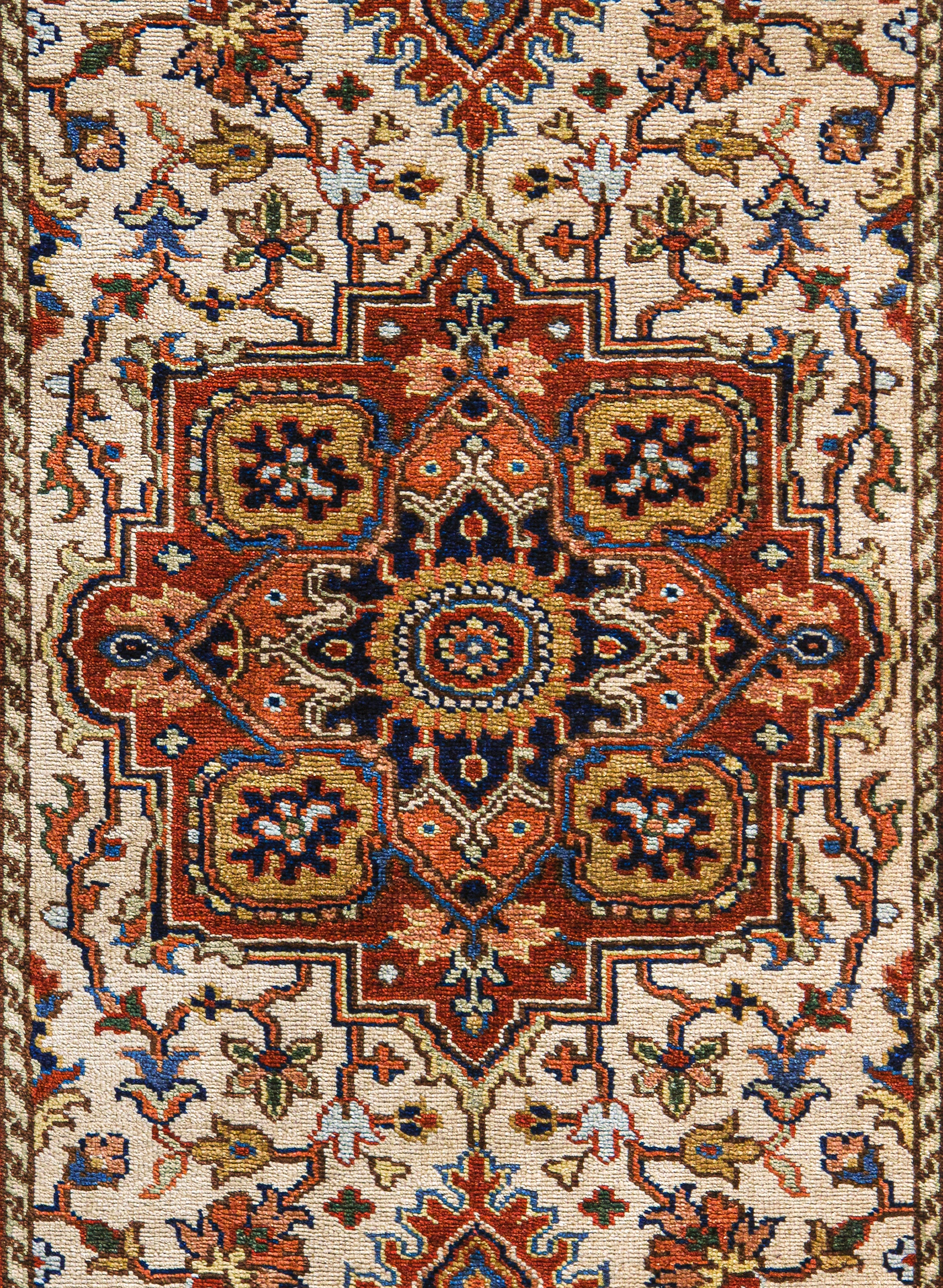 Persian Runner Rug with Repeating Medallions in Ivory and Brick Red