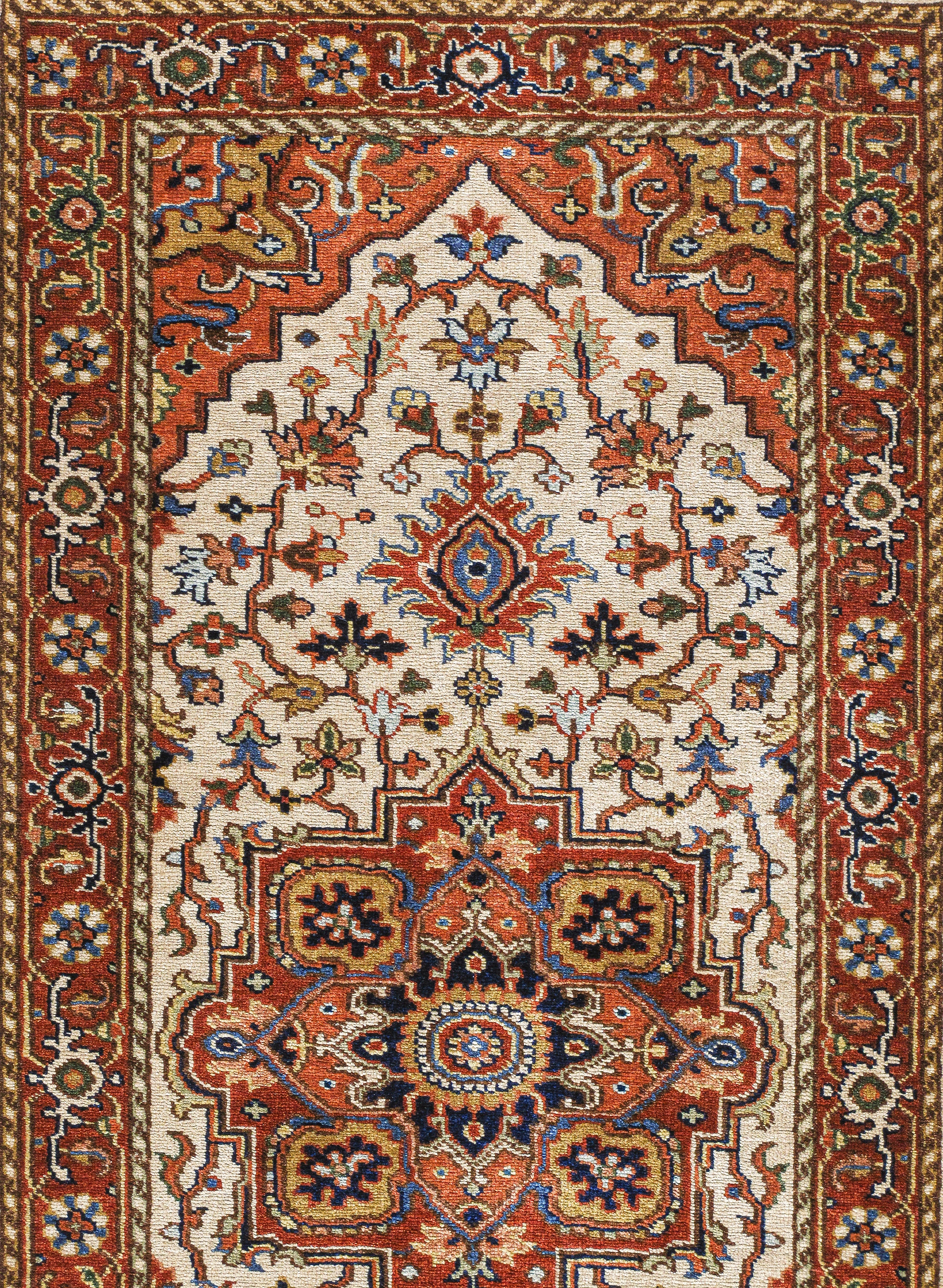 Persian Runner Rug with Repeating Medallions in Ivory and Brick Red