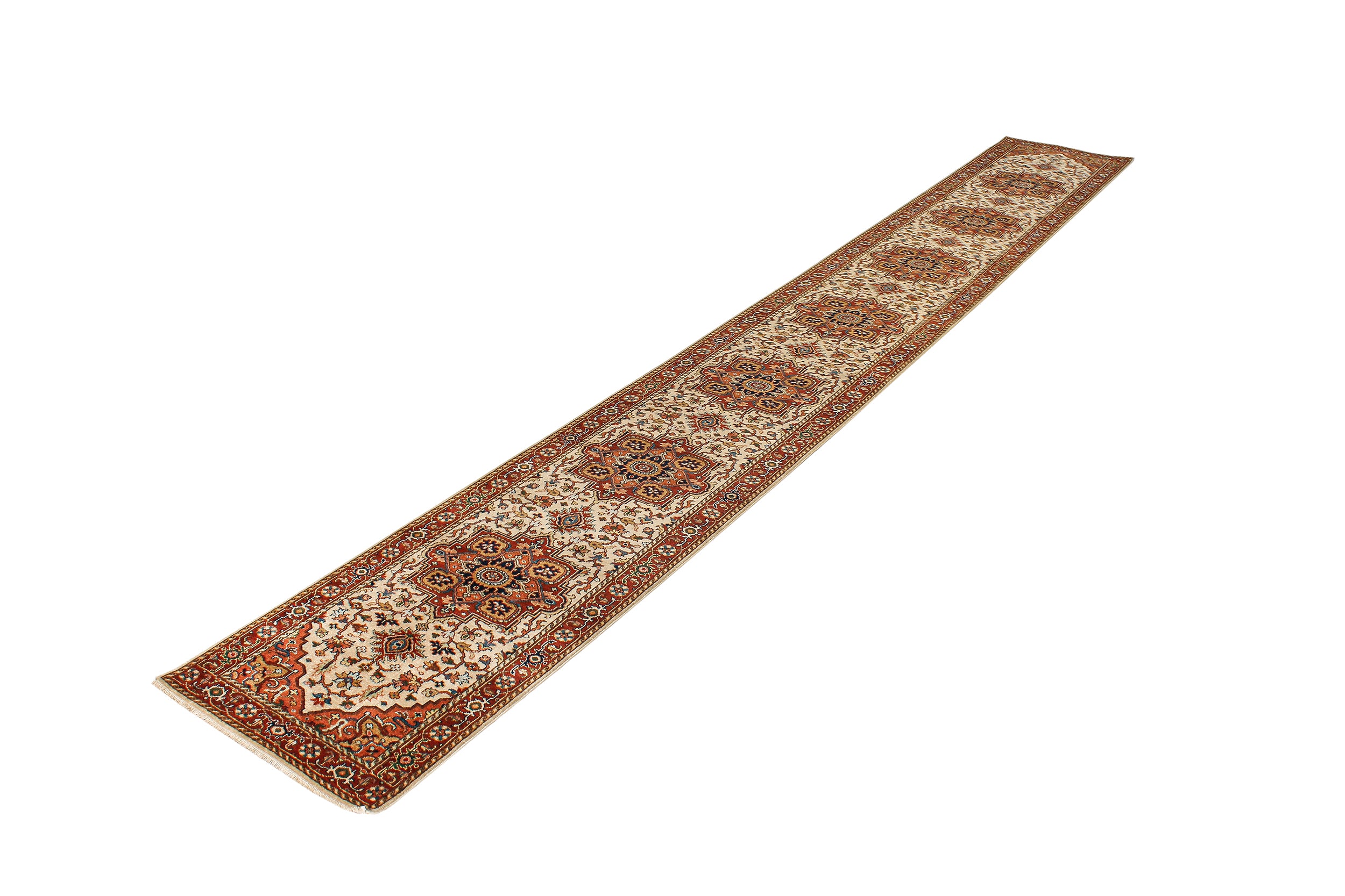 Persian Runner Rug with Repeating Medallions in Ivory and Brick Red