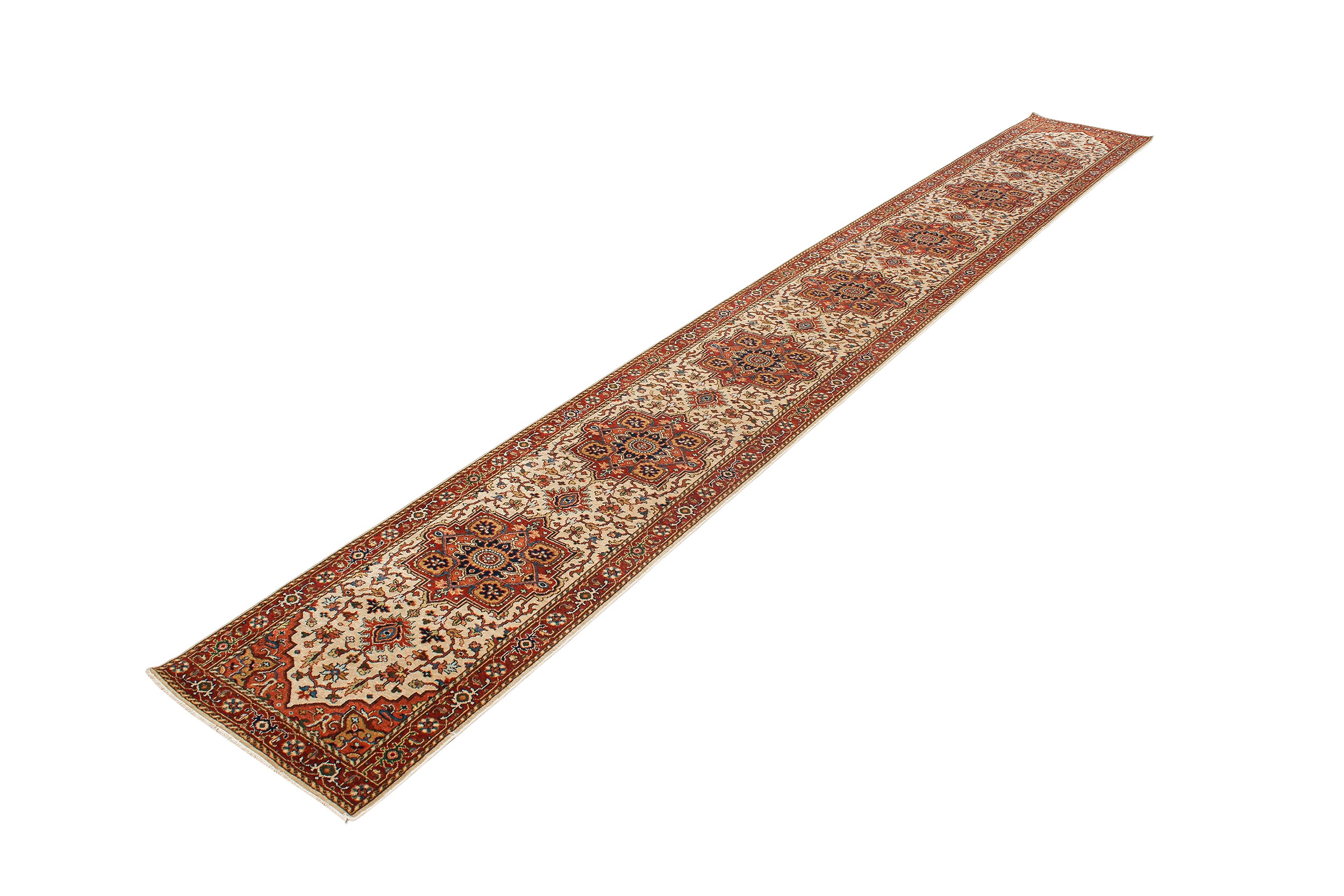 Persian Runner Rug with Repeating Medallions in Ivory and Brick Red