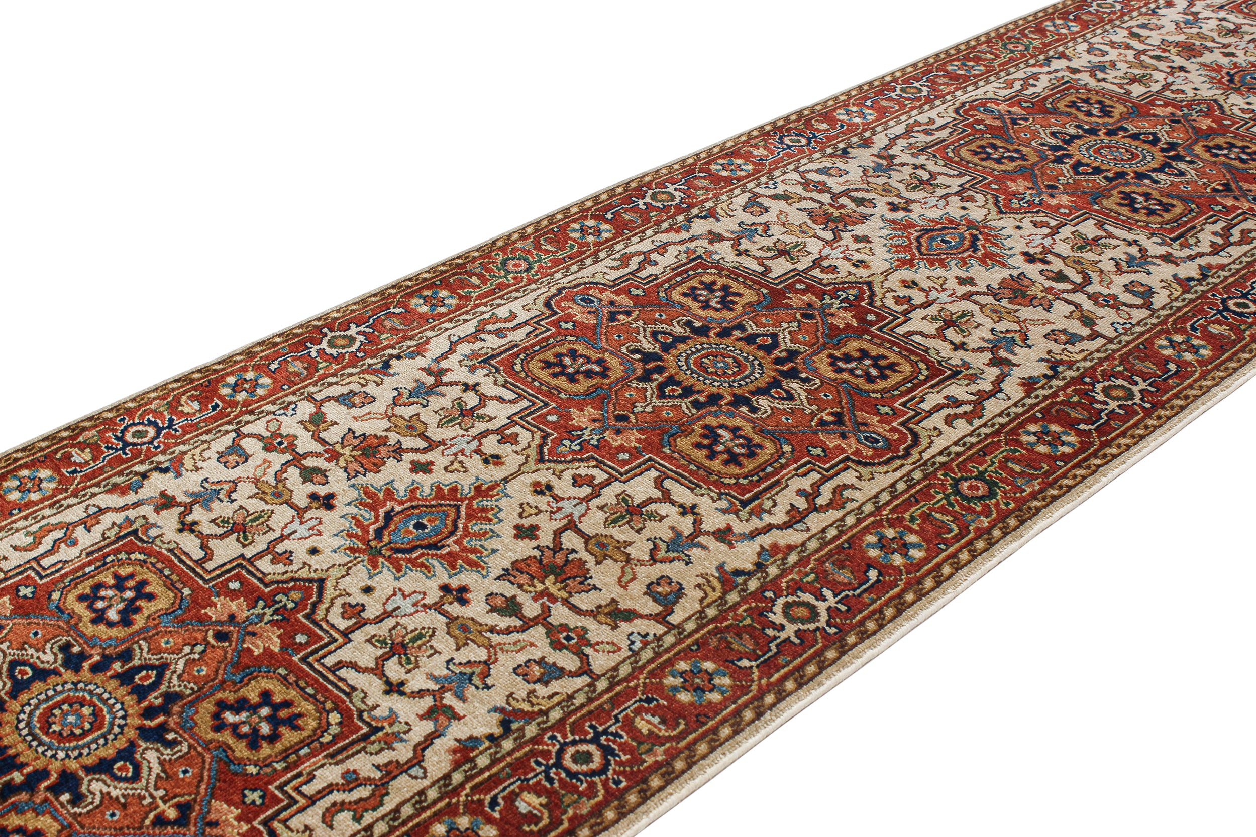 Persian Runner Rug with Repeating Medallions in Ivory and Brick Red