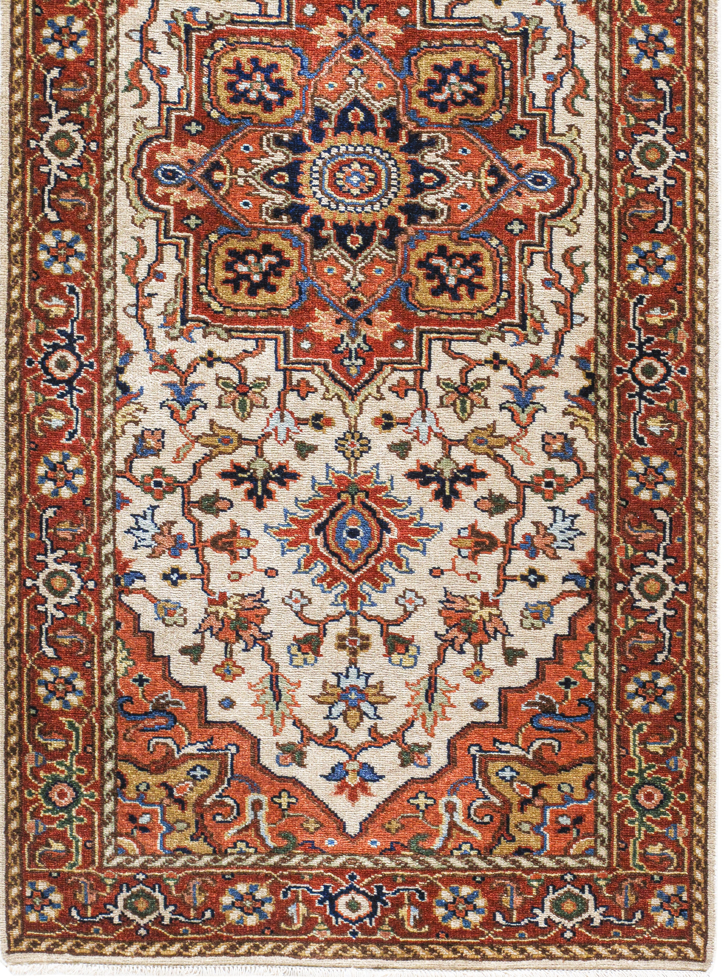 Persian Runner Rug with Repeating Medallions in Ivory and Brick Red