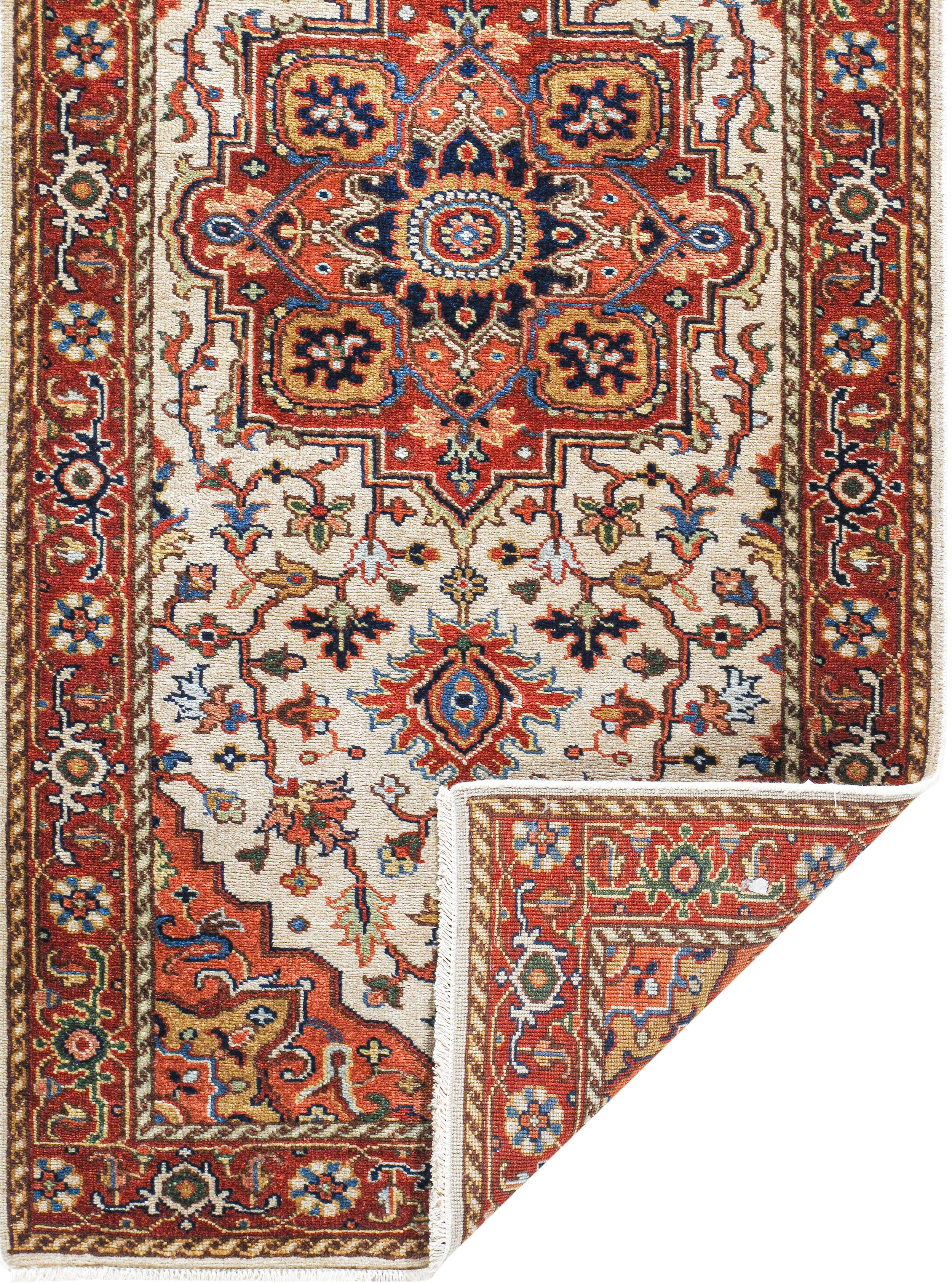 Persian Runner Rug with Repeating Medallions in Ivory and Brick Red