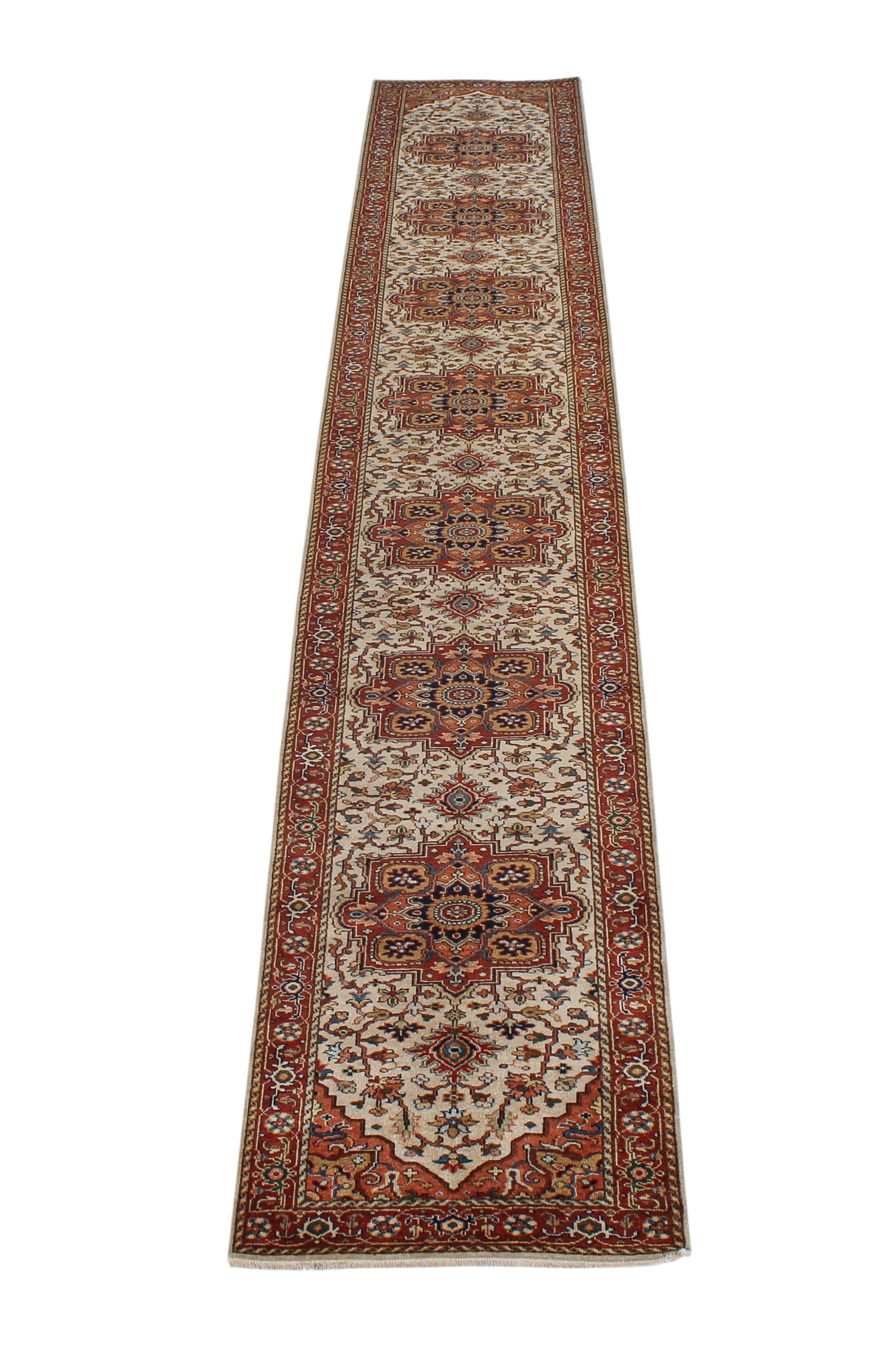 Persian Runner Rug with Repeating Medallions in Ivory and Brick Red