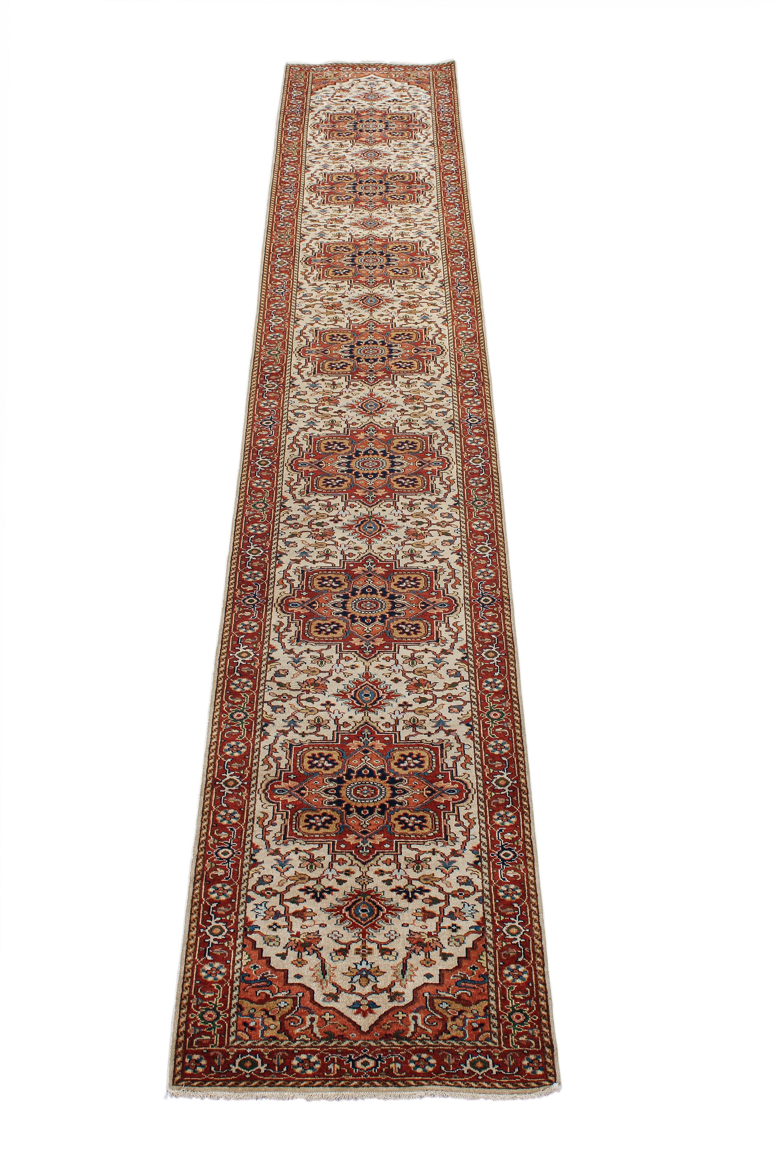 Persian Runner Rug with Repeating Medallions in Ivory and Brick Red