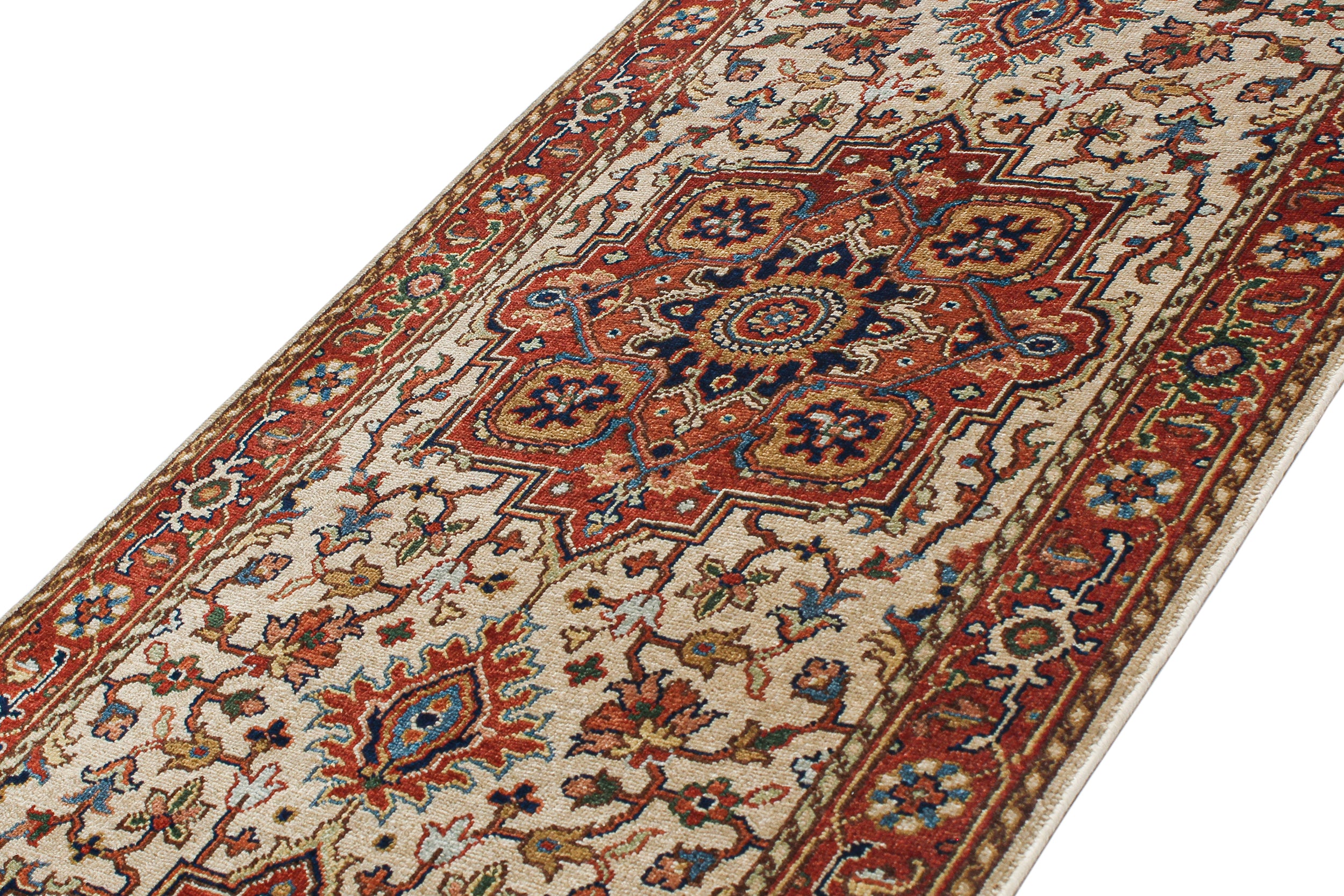 Persian Runner Rug with Repeating Medallions in Ivory and Brick Red