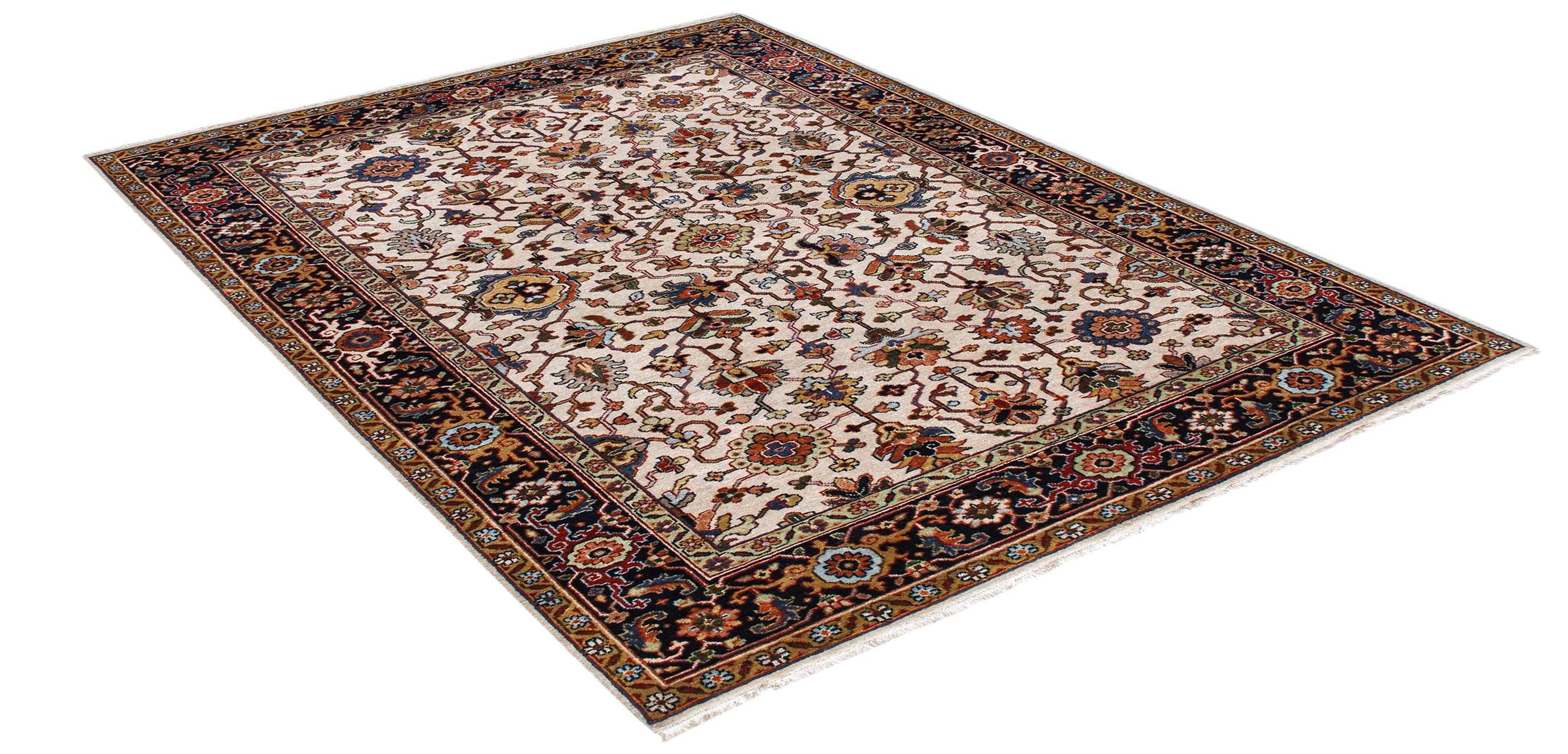 Traditional Persian Floral Rug in Ivory with Midnight and Rust Border