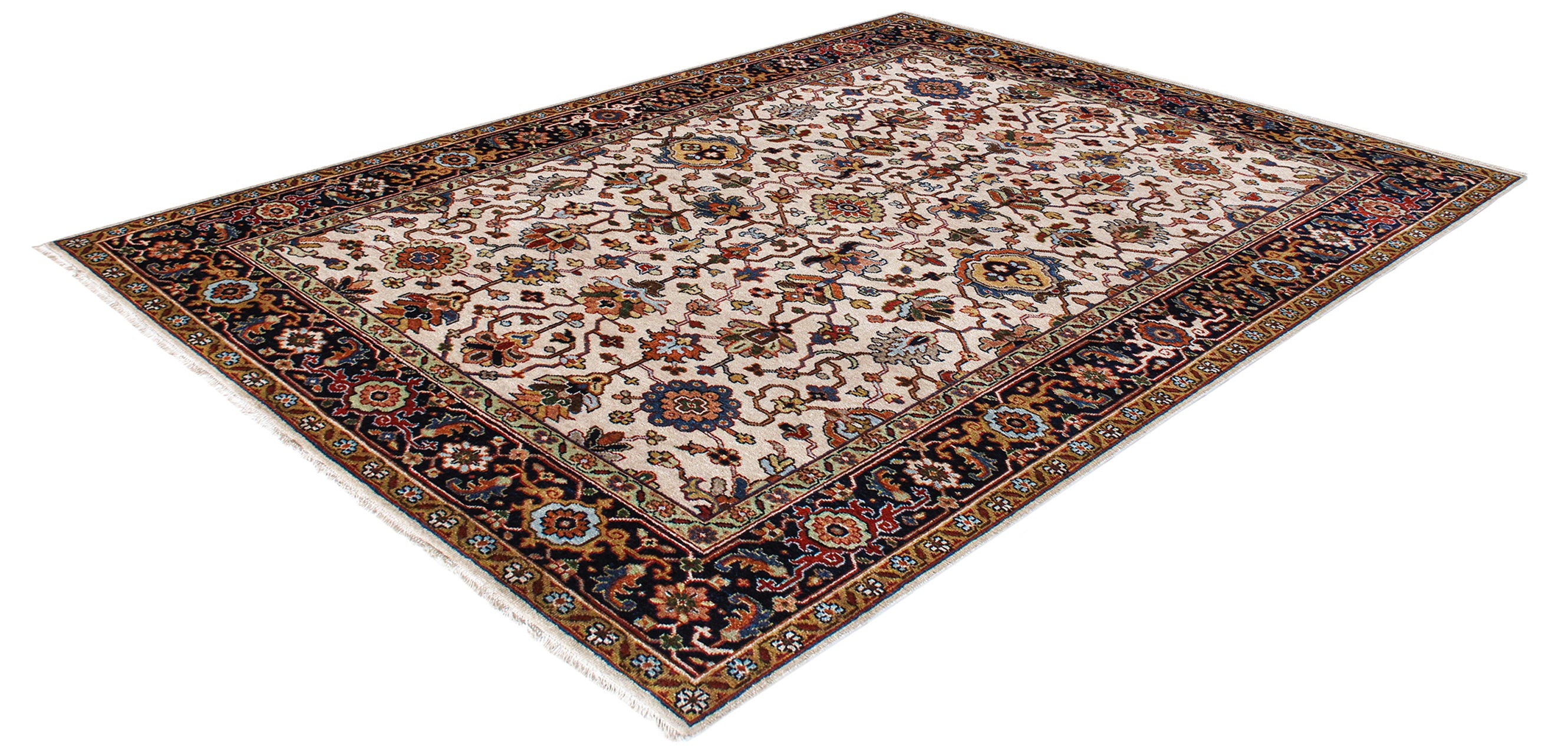 Traditional Persian Floral Rug in Ivory with Midnight and Rust Border