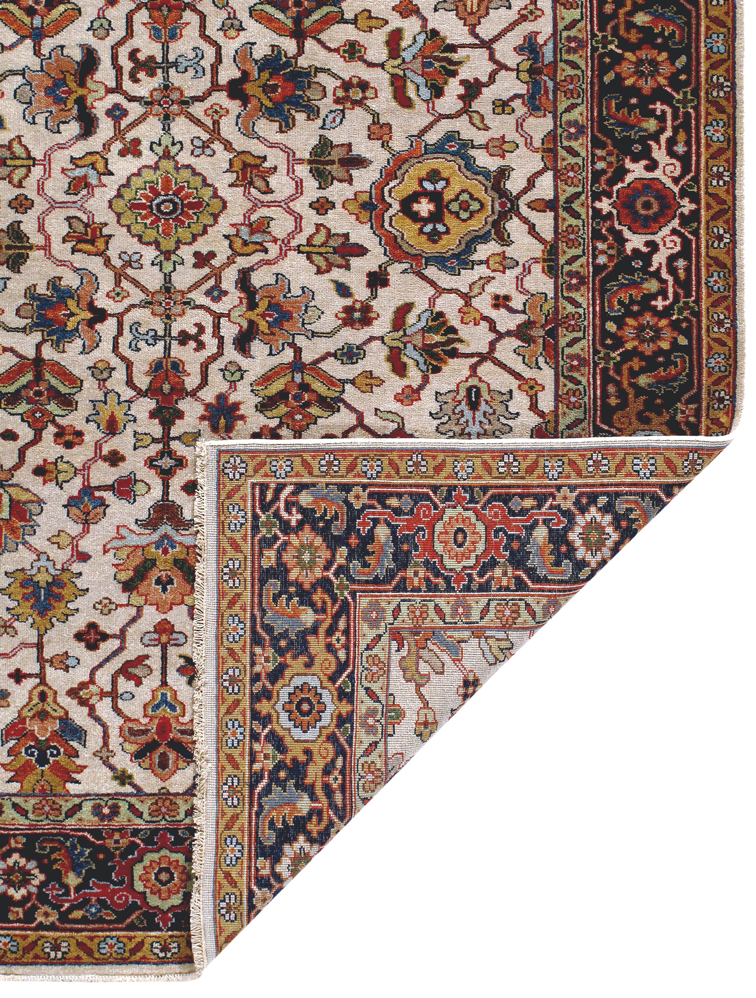 Traditional Persian Floral Rug in Ivory with Midnight and Rust Border