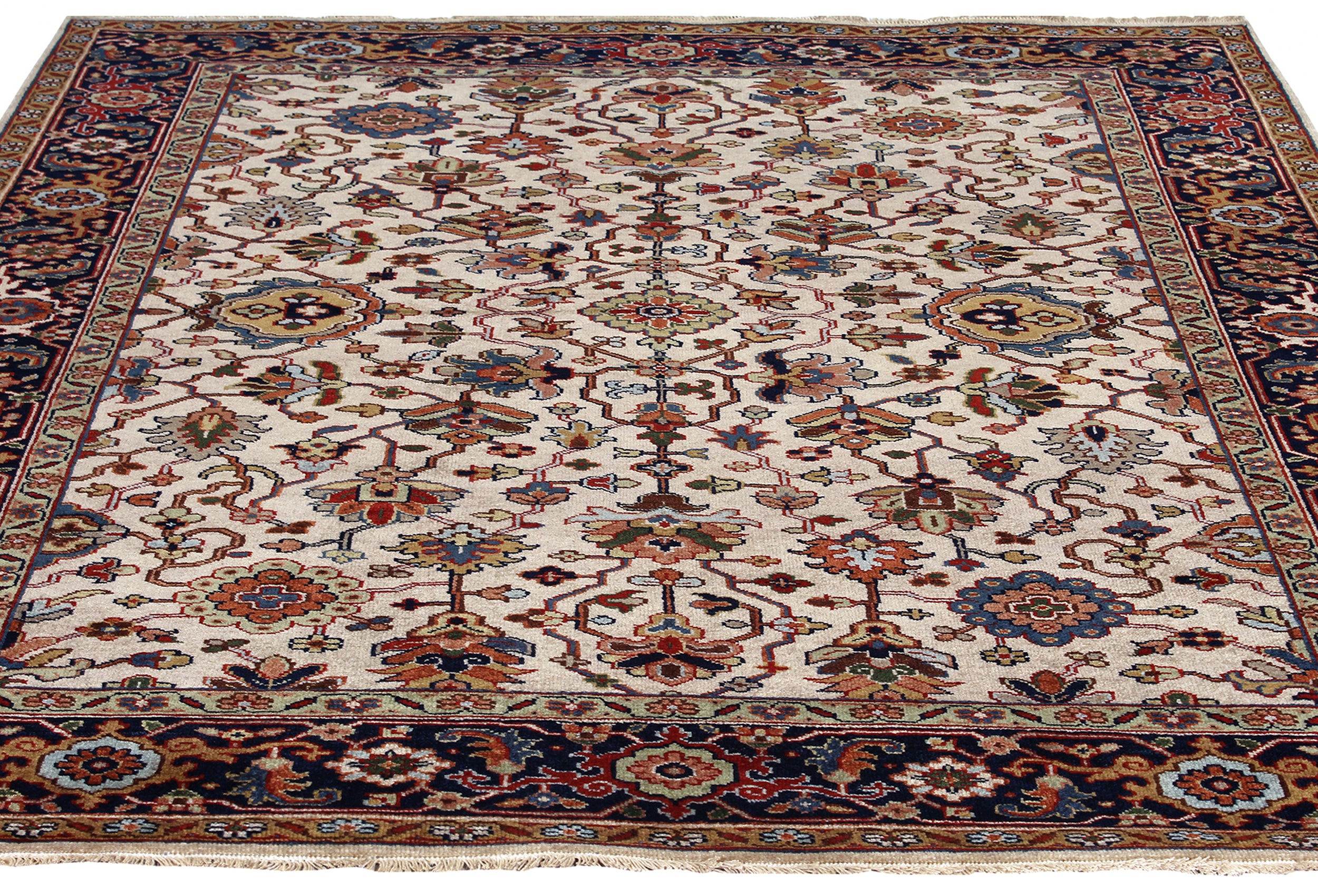 Traditional Persian Floral Rug in Ivory with Midnight and Rust Border