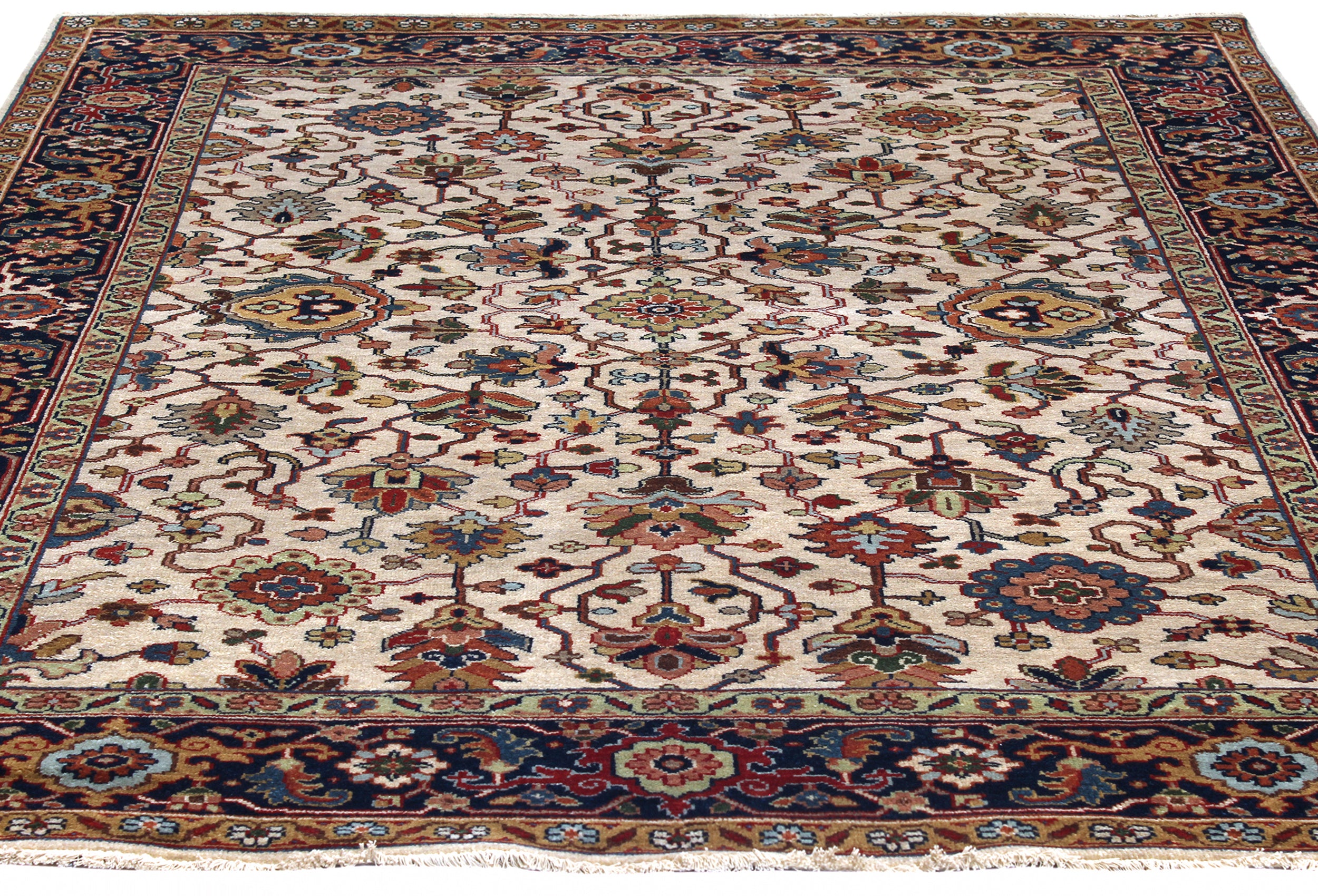 Traditional Persian Floral Rug in Ivory with Midnight and Rust Border